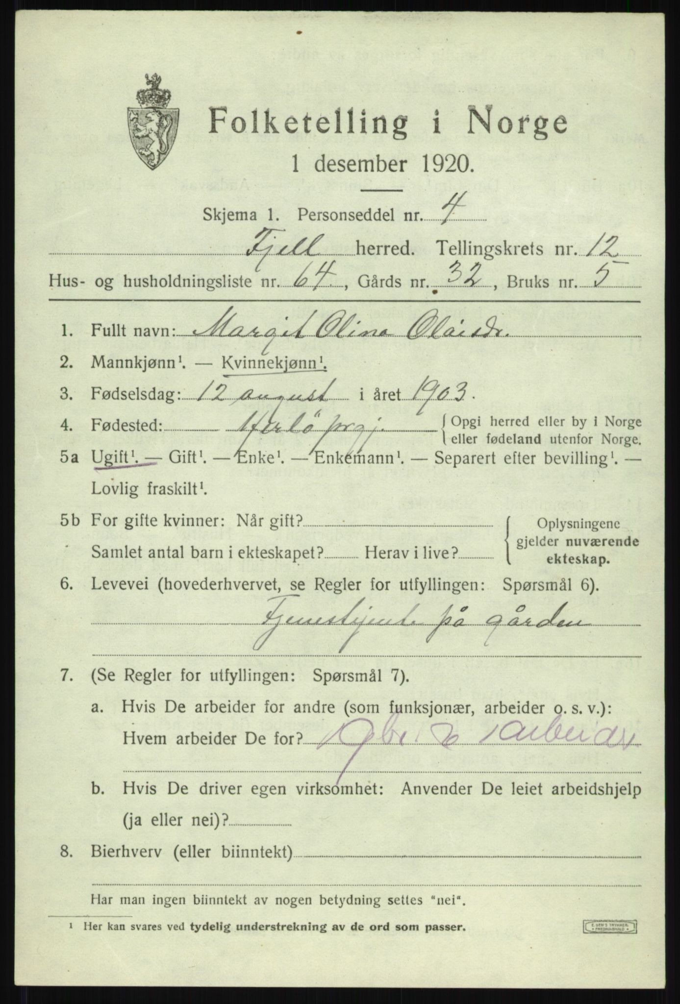 SAB, 1920 census for Fjell, 1920, p. 11634