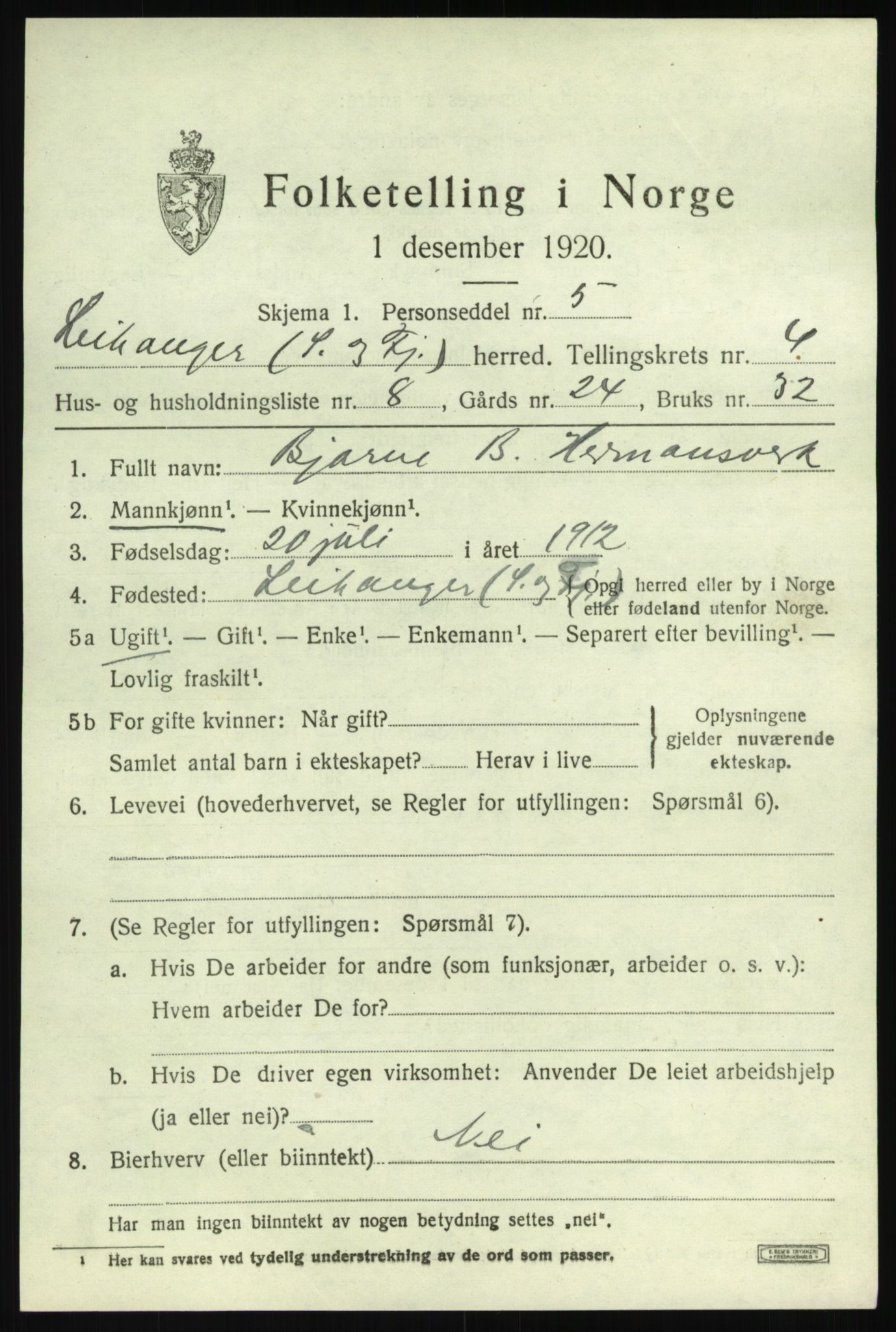 SAB, 1920 census for Leikanger, 1920, p. 2928