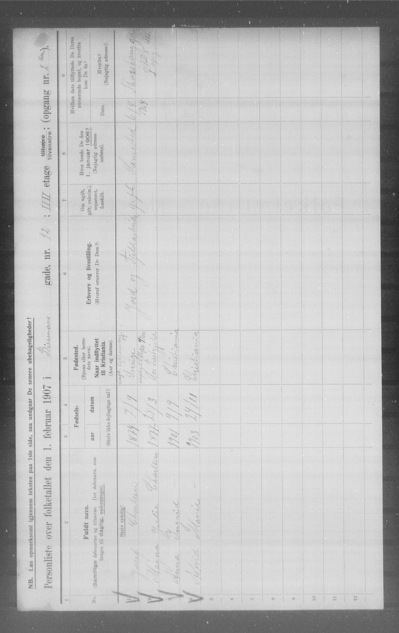 OBA, Municipal Census 1907 for Kristiania, 1907, p. 2656