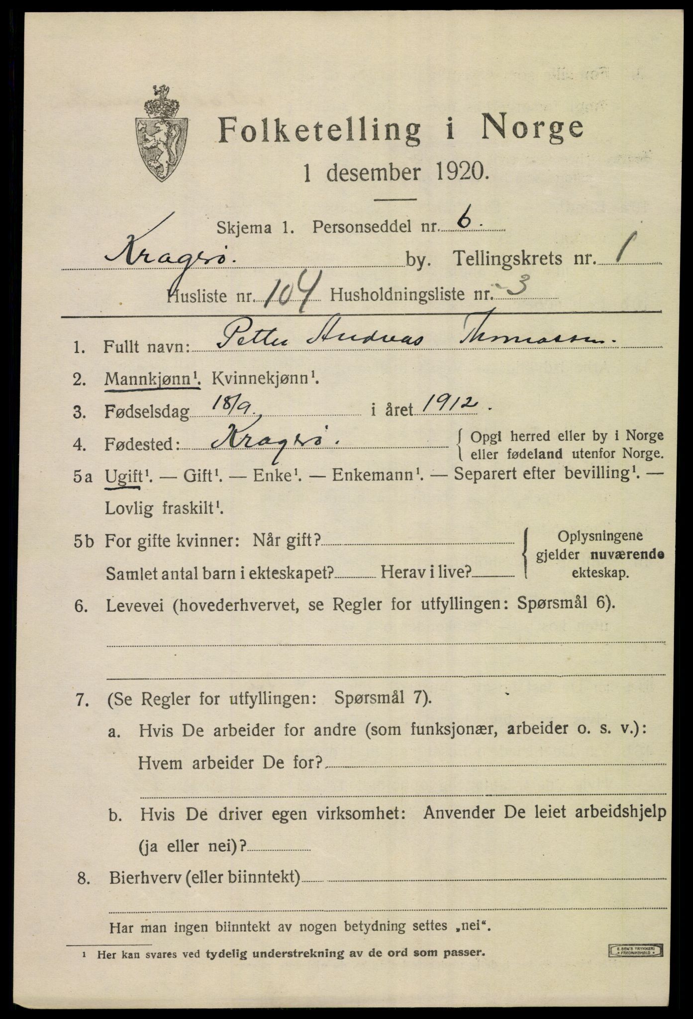 SAKO, 1920 census for Kragerø, 1920, p. 5321