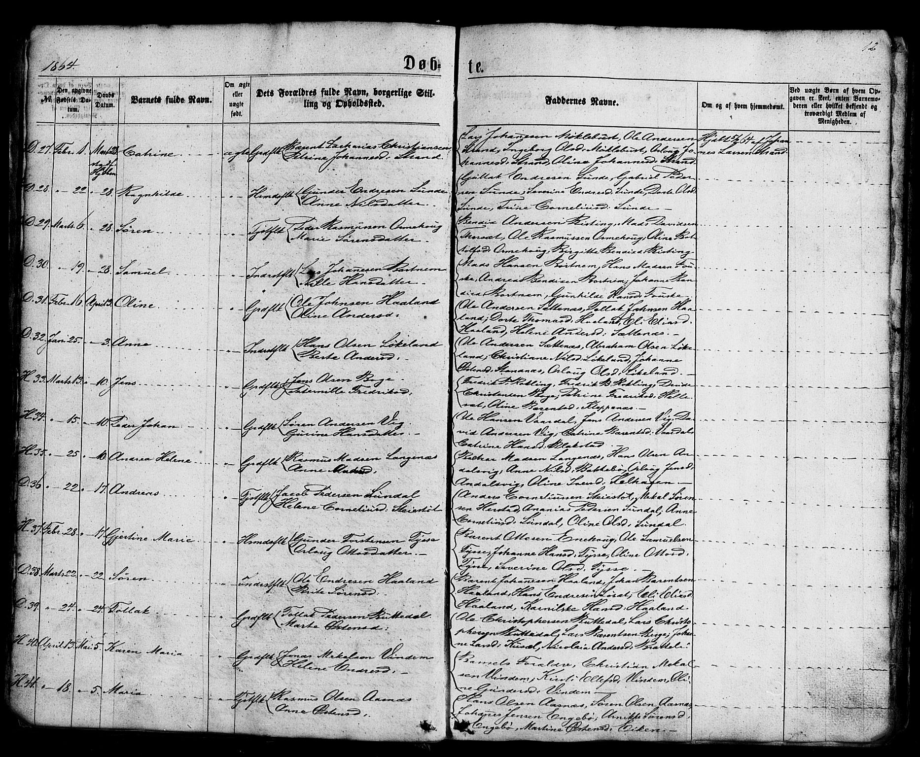 Fjaler sokneprestembete, AV/SAB-A-79801/H/Haa/Haaa/L0007: Parish register (official) no. A 7, 1862-1881, p. 12