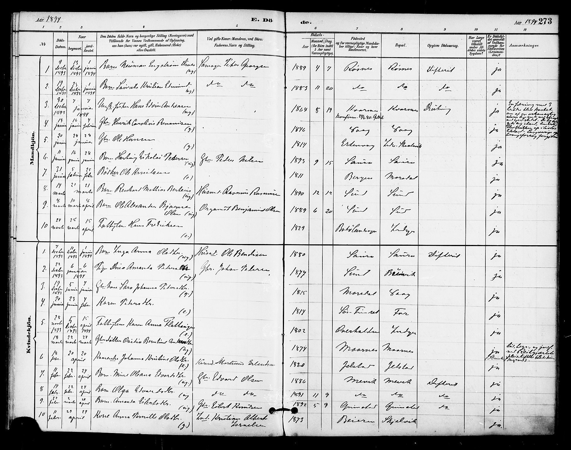 Ministerialprotokoller, klokkerbøker og fødselsregistre - Nordland, AV/SAT-A-1459/805/L0101: Parish register (official) no. 805A07, 1892-1899, p. 273