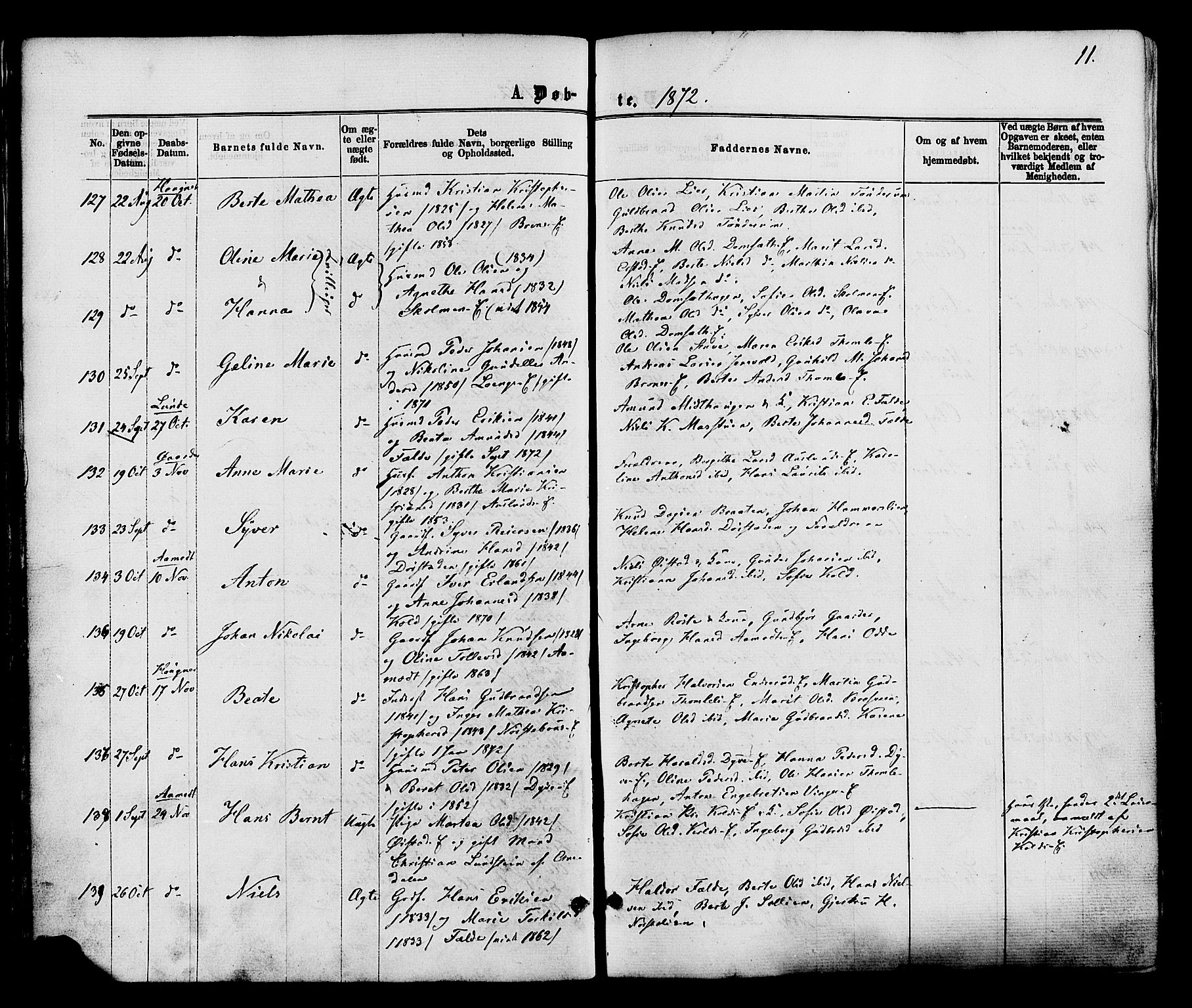 Nordre Land prestekontor, AV/SAH-PREST-124/H/Ha/Haa/L0002: Parish register (official) no. 2, 1872-1881, p. 11