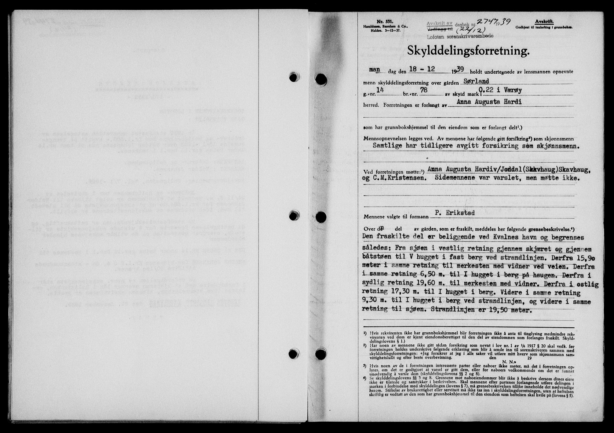 Lofoten sorenskriveri, SAT/A-0017/1/2/2C/L0007a: Mortgage book no. 7a, 1939-1940, Diary no: : 2747/1939