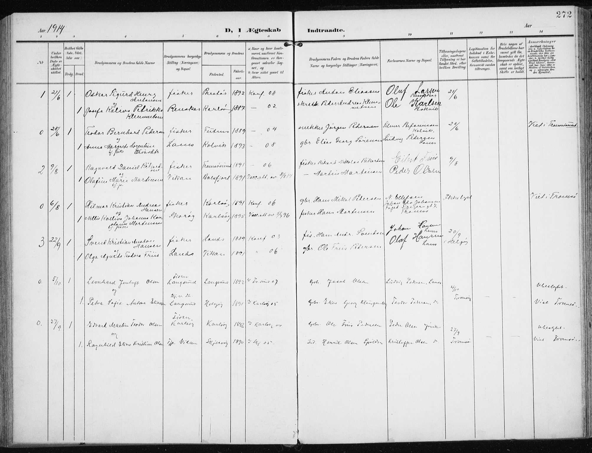 Karlsøy sokneprestembete, SATØ/S-1299/H/Ha/Haa/L0014kirke: Parish register (official) no. 14, 1903-1917, p. 272