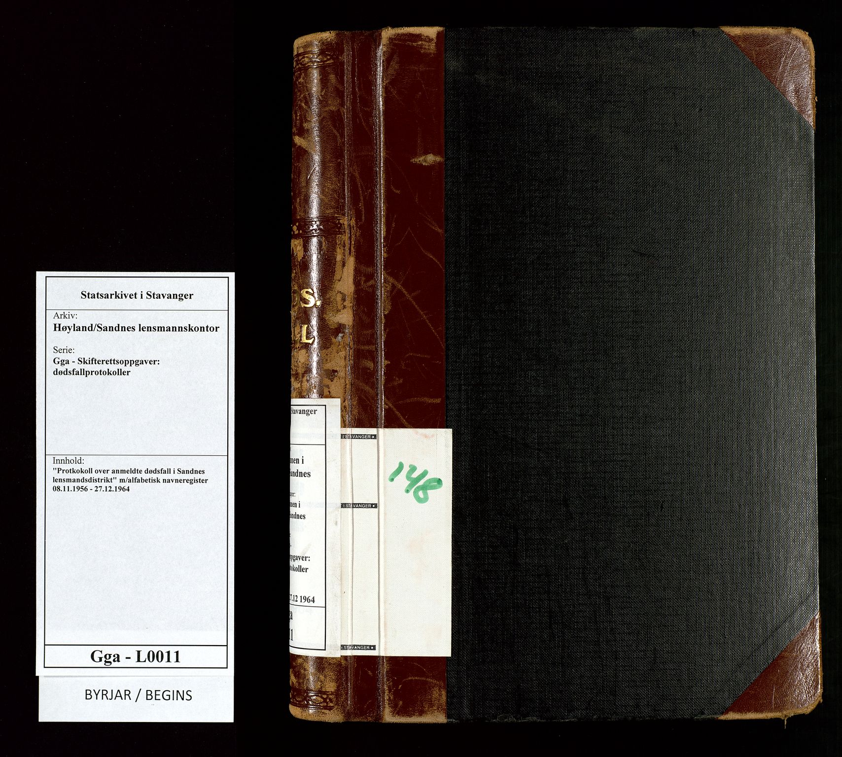 Høyland/Sandnes lensmannskontor, SAST/A-100166/Gga/L0011: "Protkokoll over anmeldte dødsfall i Sandnes lensmandsdistrikt" m/alfabetisk navneregister, 1956-1964