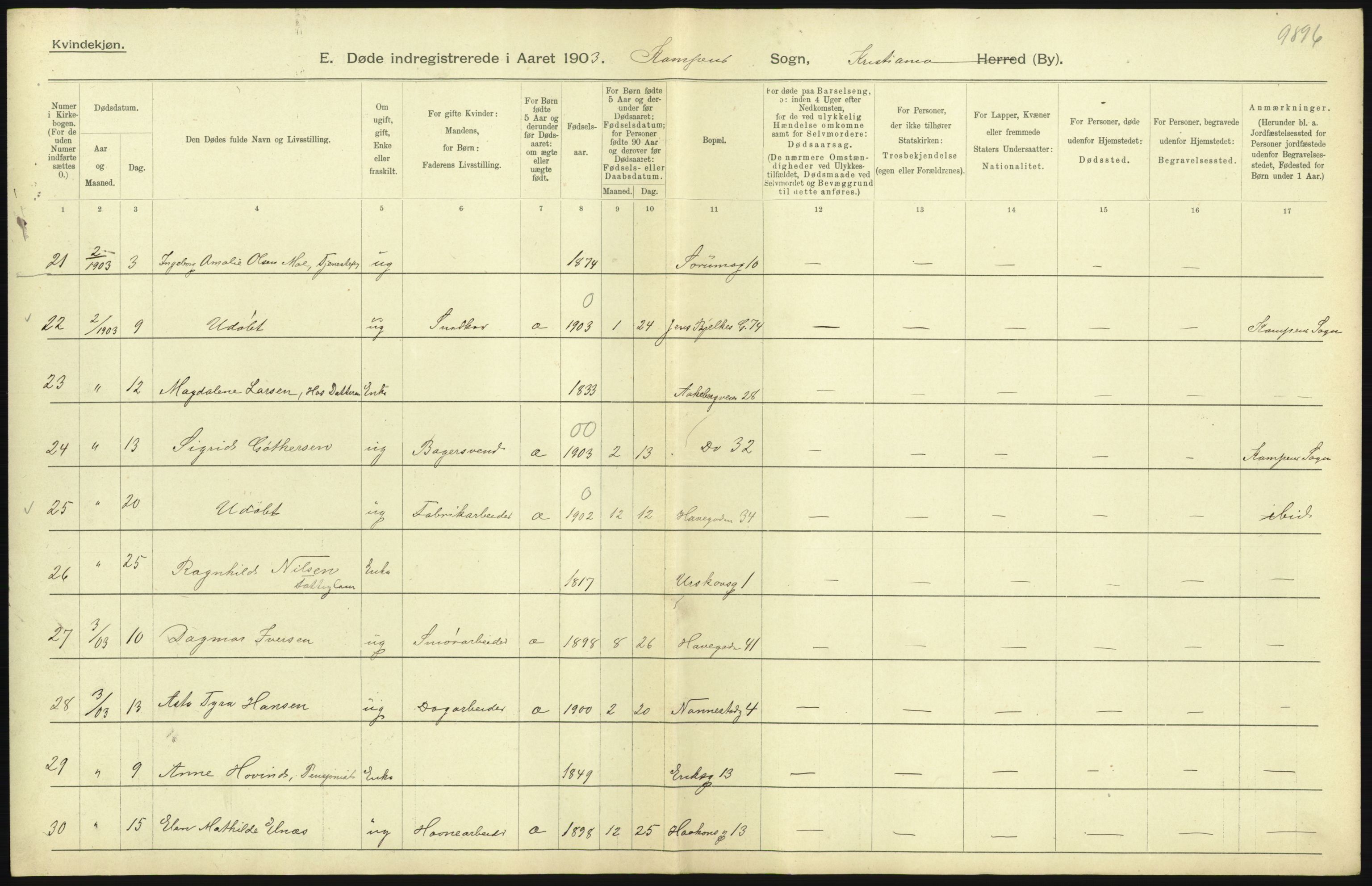 Statistisk sentralbyrå, Sosiodemografiske emner, Befolkning, AV/RA-S-2228/D/Df/Dfa/Dfaa/L0004: Kristiania: Gifte, døde, 1903, p. 255