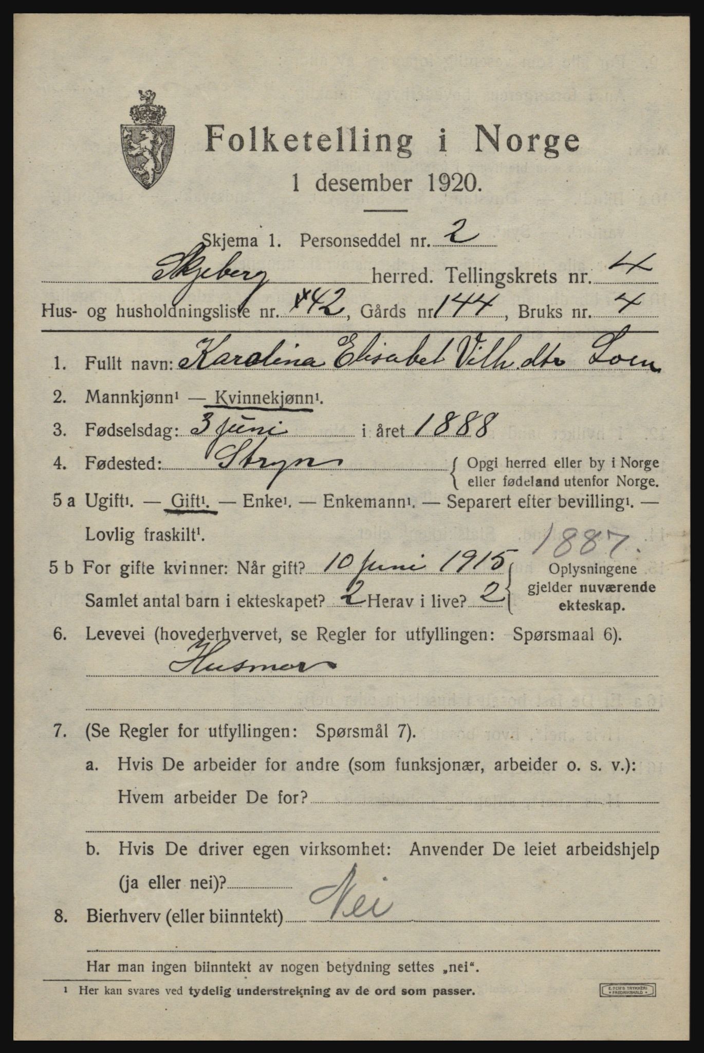 SAO, 1920 census for Skjeberg, 1920, p. 5493