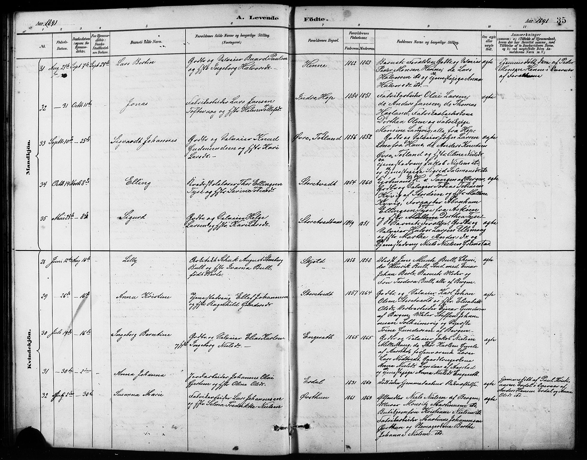 Birkeland Sokneprestembete, SAB/A-74601/H/Hab: Parish register (copy) no. A 4, 1888-1897, p. 35