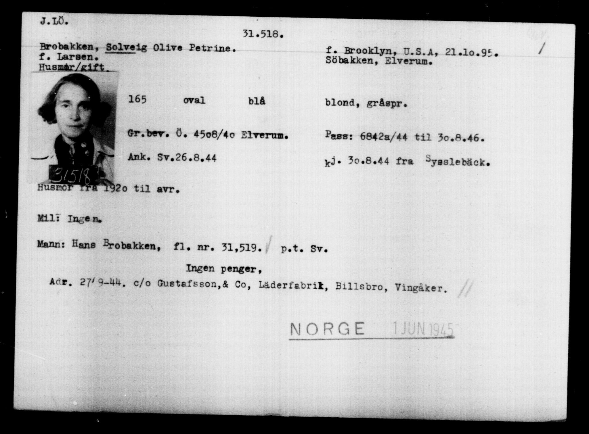 Utenriksstasjonene, Legasjonen i Stockholm, Flyktningkontoret, AV/RA-S-6753/V/Va/L0013: Kjesäterkartoteket, flyktninger med registreringsnr. 31500-34731, 1940-1945, p. 21