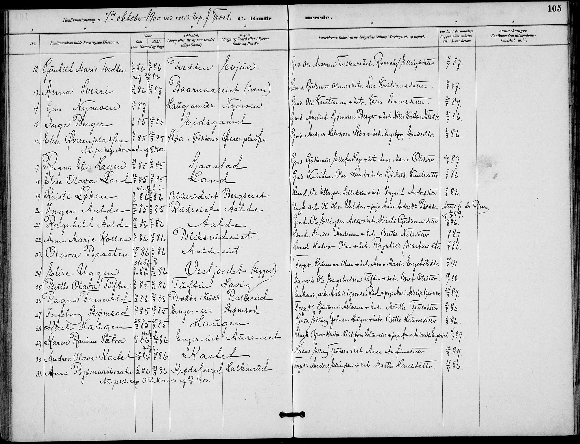 Lunder kirkebøker, SAKO/A-629/F/Fa/L0001: Parish register (official) no. I 1, 1885-1912, p. 105