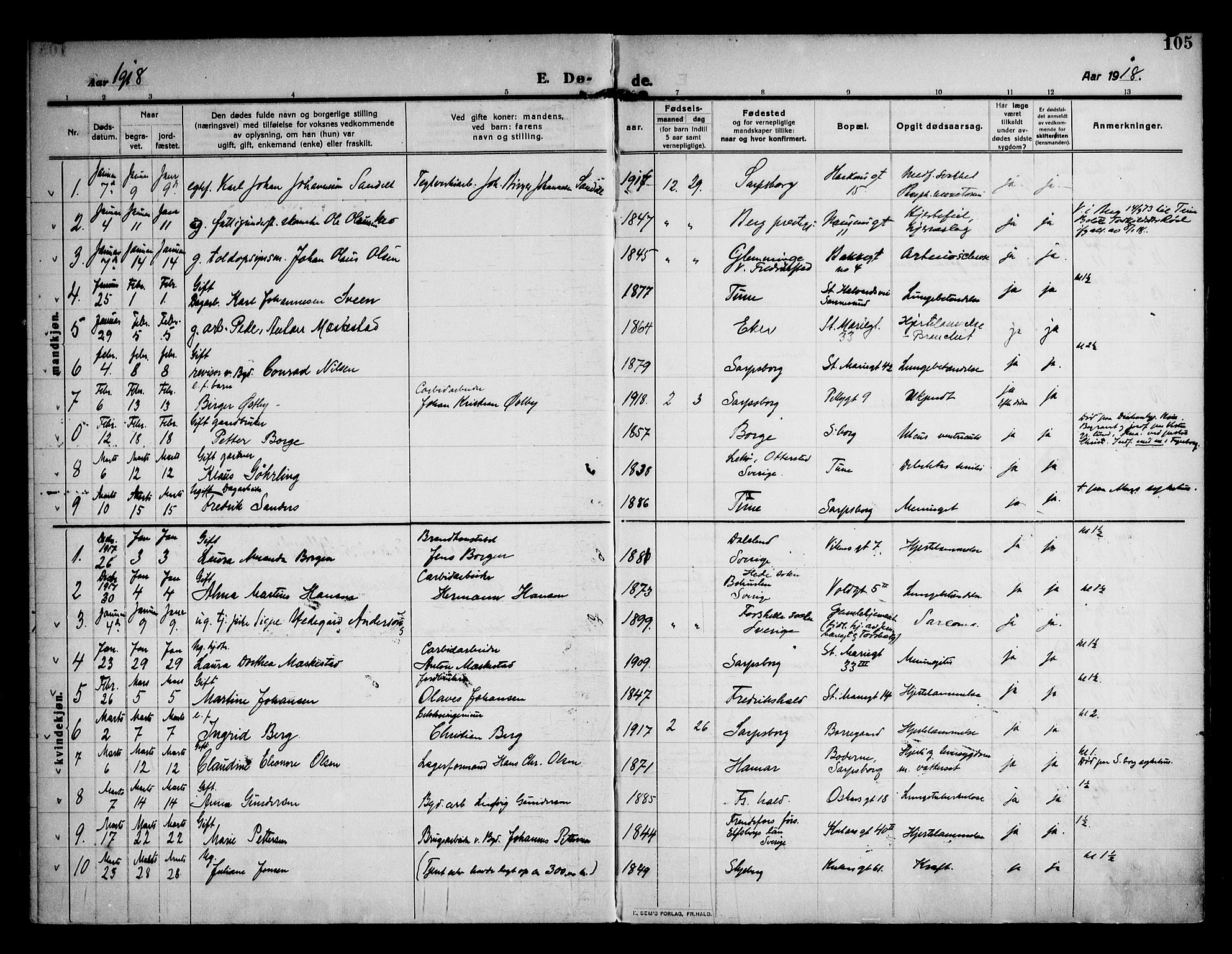 Sarpsborg prestekontor Kirkebøker, AV/SAO-A-2006/F/Fa/L0007: Parish register (official) no. 7, 1910-1918, p. 105