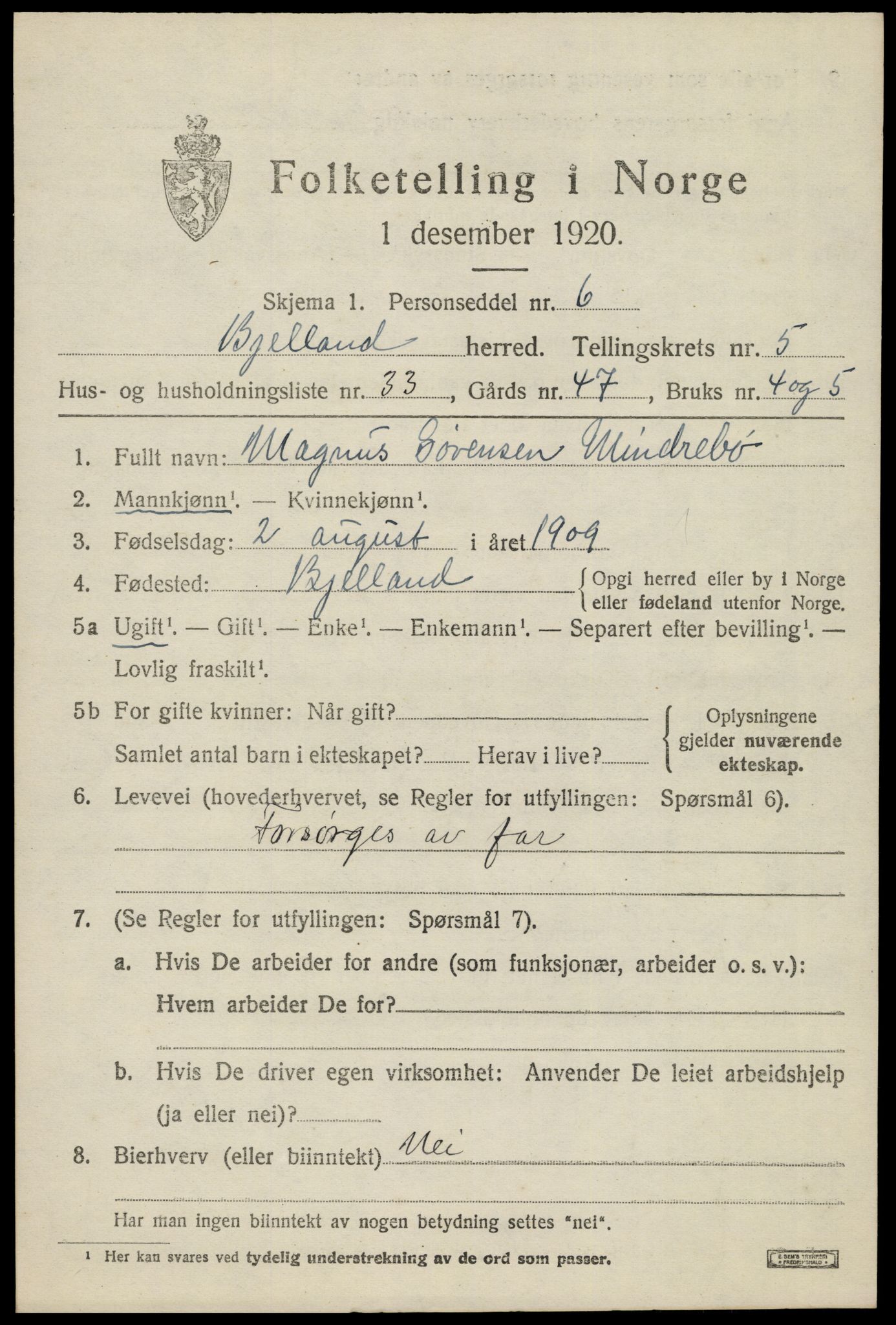 SAK, 1920 census for Bjelland, 1920, p. 1807