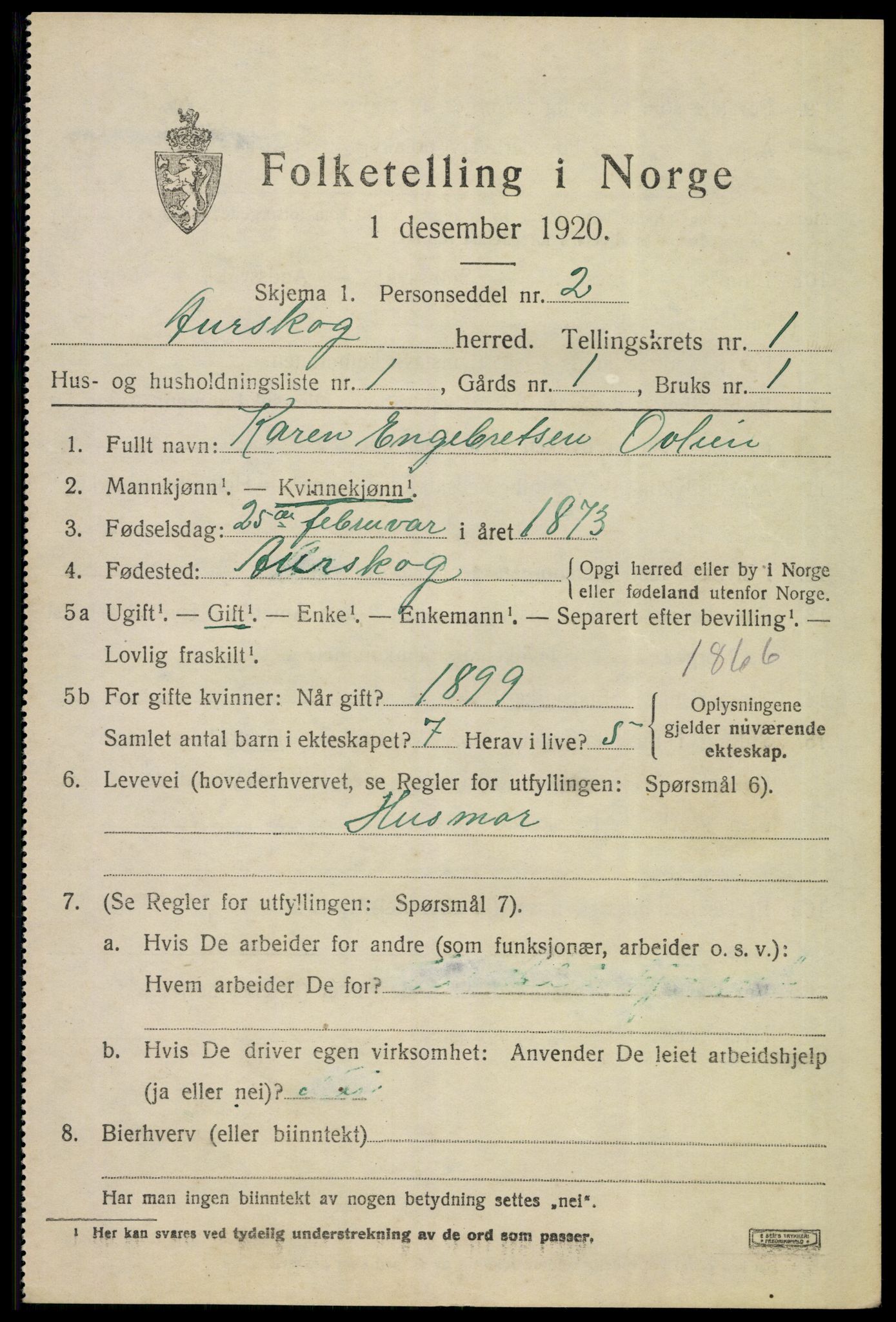 SAO, 1920 census for Aurskog, 1920, p. 1102