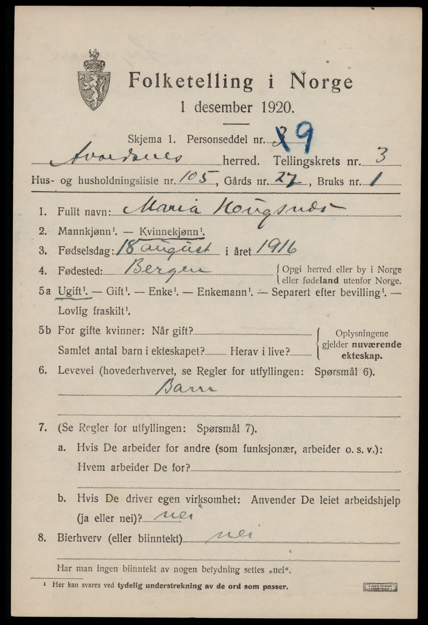 SAST, 1920 census for Avaldsnes, 1920, p. 4027