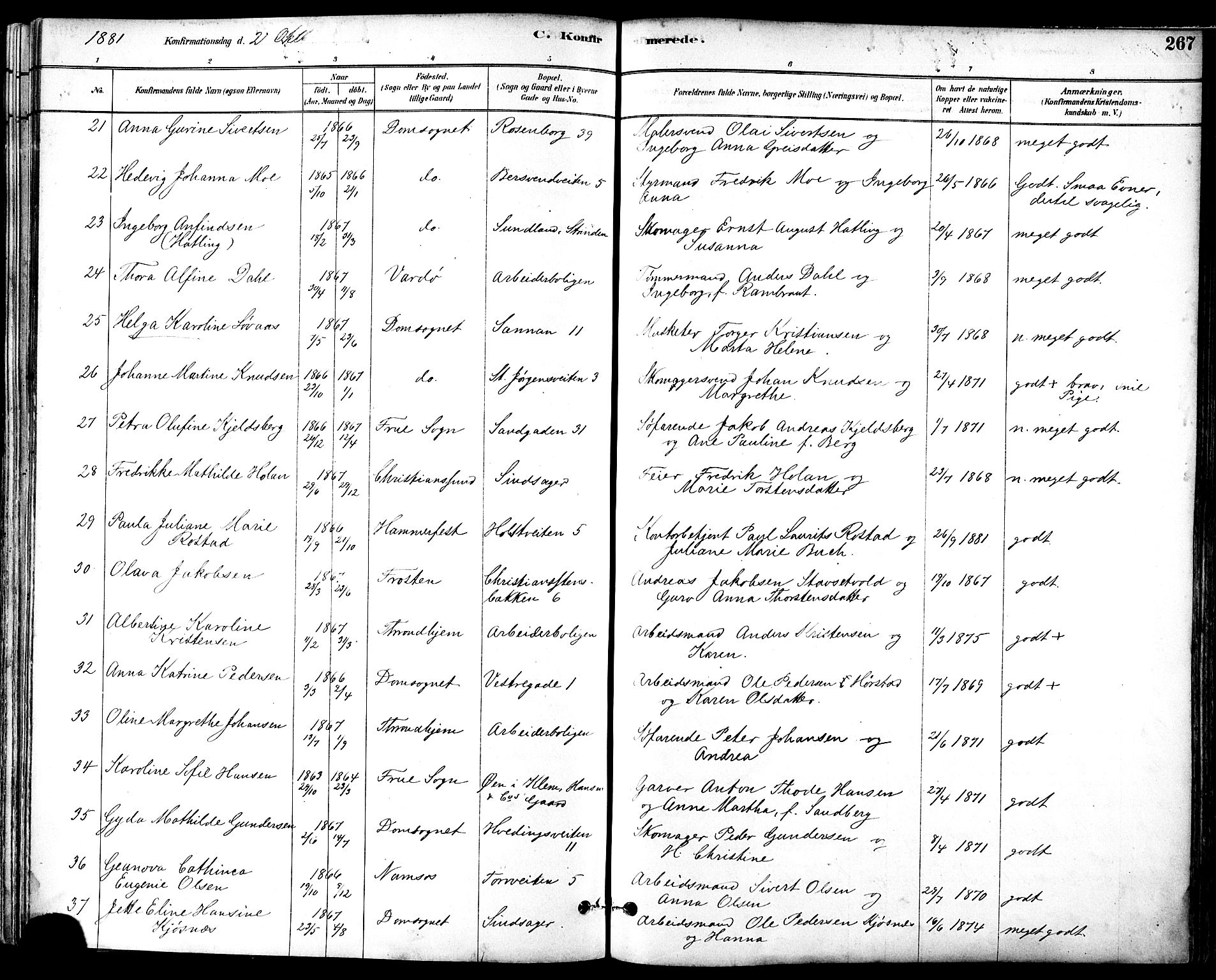 Ministerialprotokoller, klokkerbøker og fødselsregistre - Sør-Trøndelag, SAT/A-1456/601/L0057: Parish register (official) no. 601A25, 1877-1891, p. 267