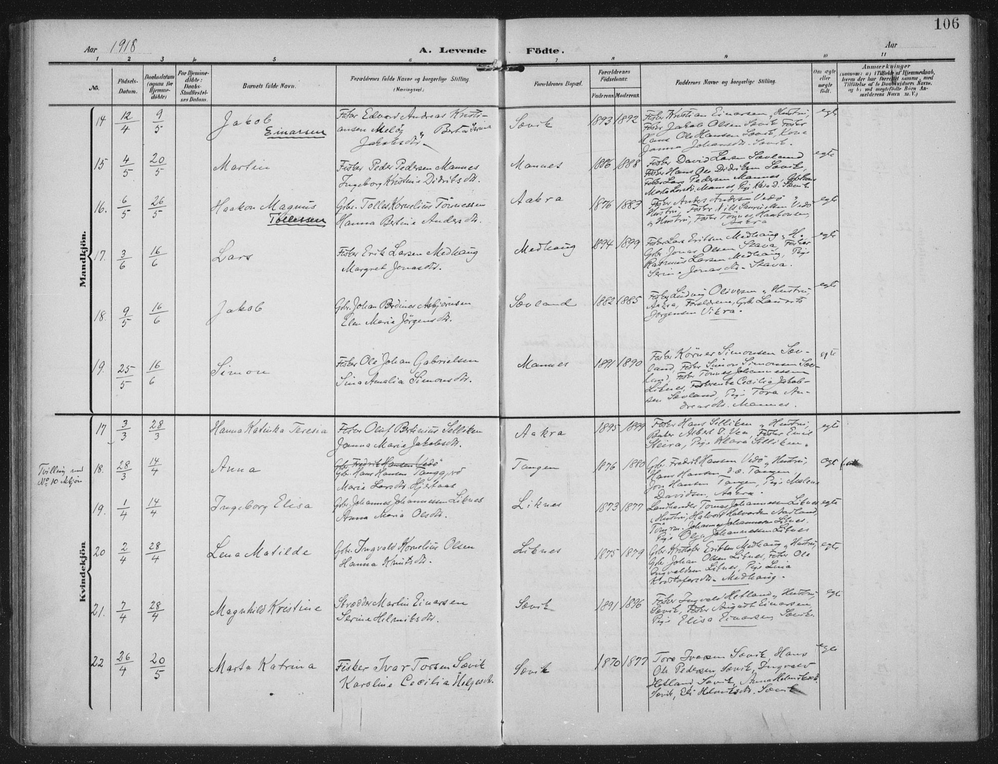 Kopervik sokneprestkontor, AV/SAST-A-101850/H/Ha/Haa/L0005: Parish register (official) no. A 5, 1906-1924, p. 106