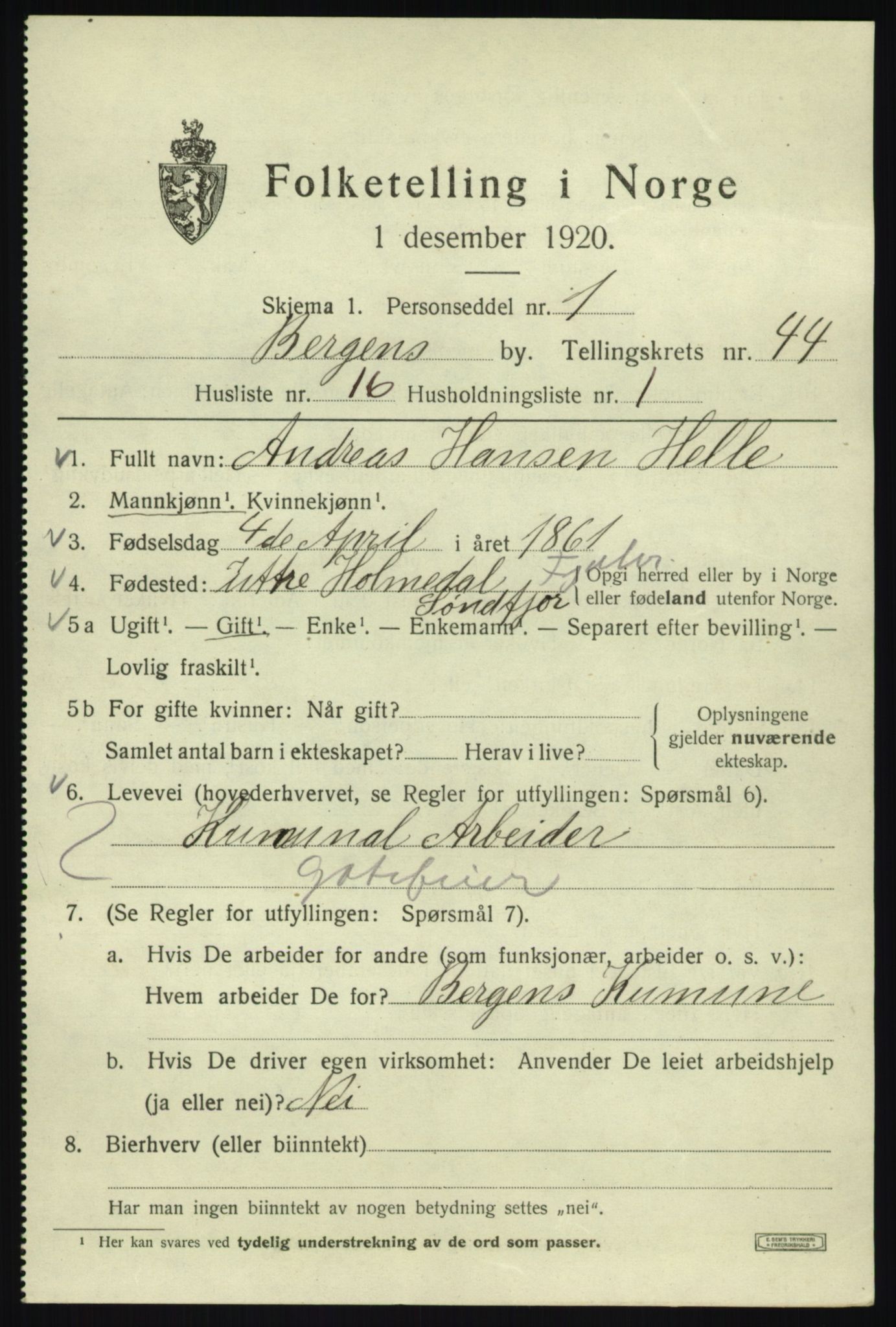 SAB, 1920 census for Bergen, 1920, p. 112835