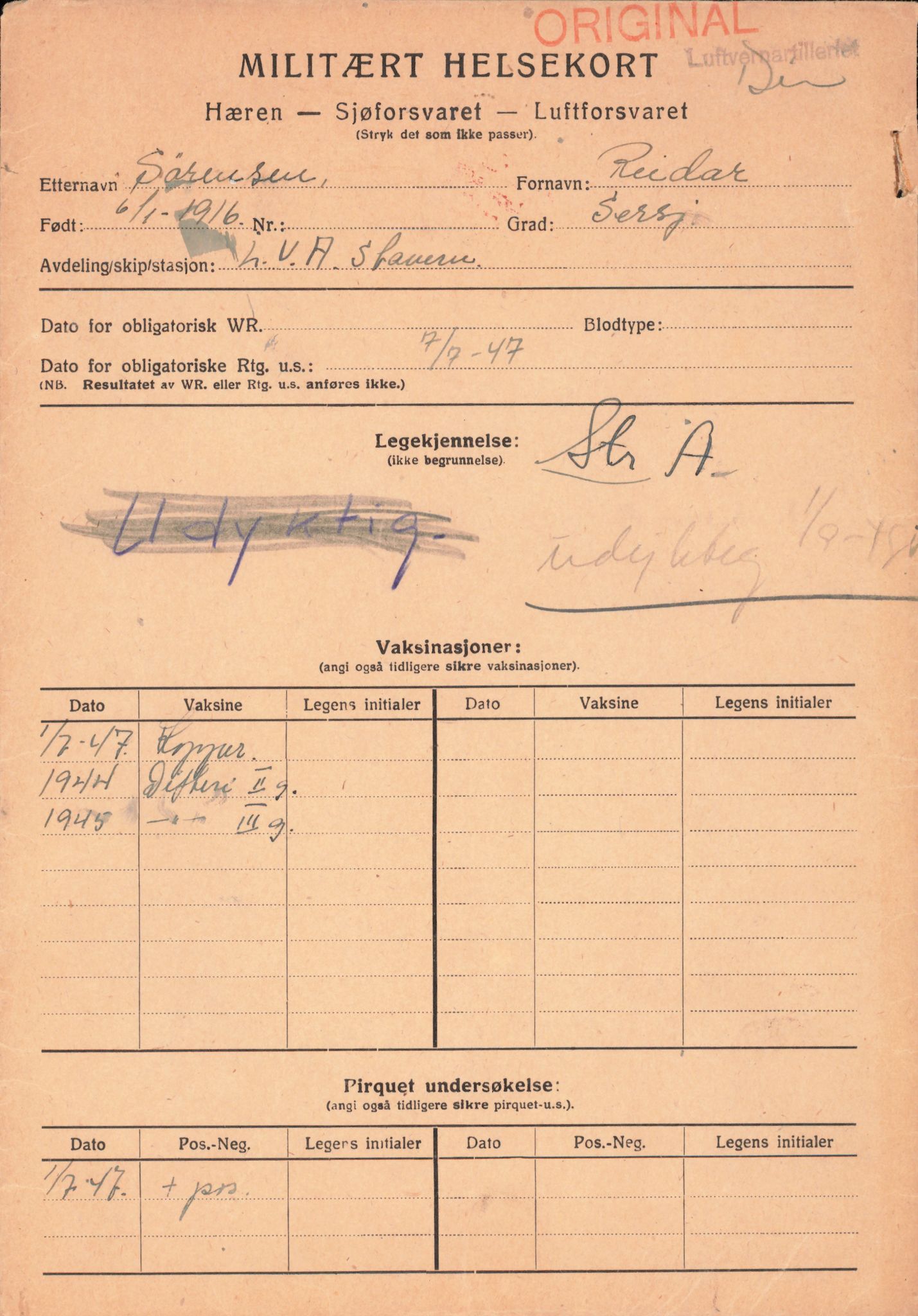 Forsvaret, Rygge hovedflystasjon, AV/RA-RAFA-2298/P/Pd/L0045: Sørensen, Reidar - Aaslid, Bergfinn - f. 1916, 1916, p. 3