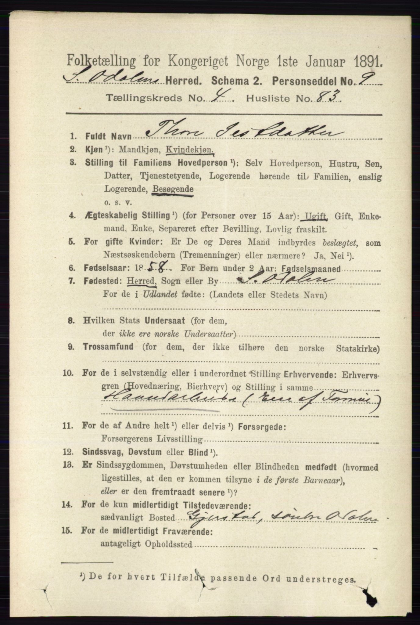 RA, 1891 census for 0419 Sør-Odal, 1891, p. 2266