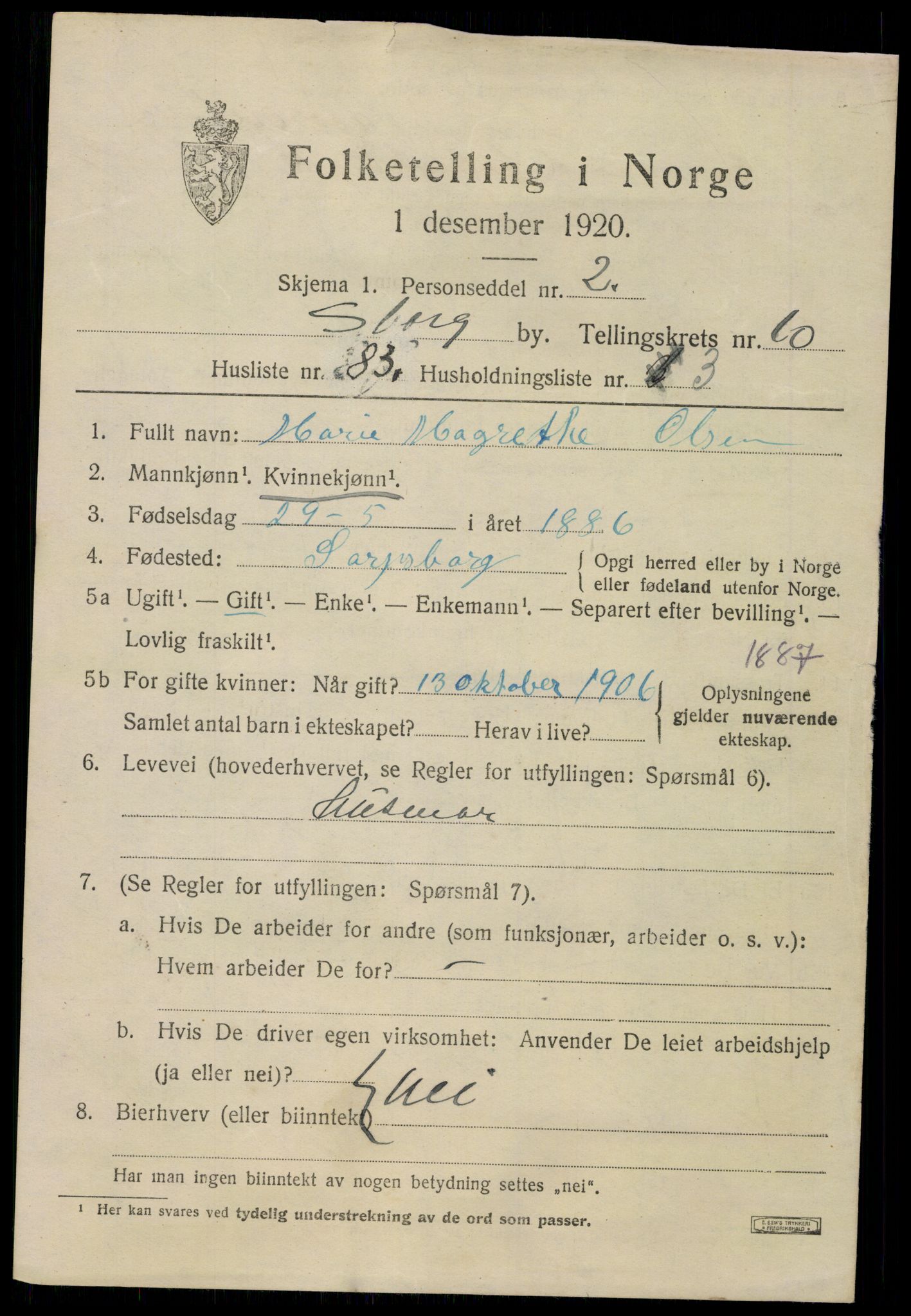 SAO, 1920 census for Sarpsborg, 1920, p. 22354