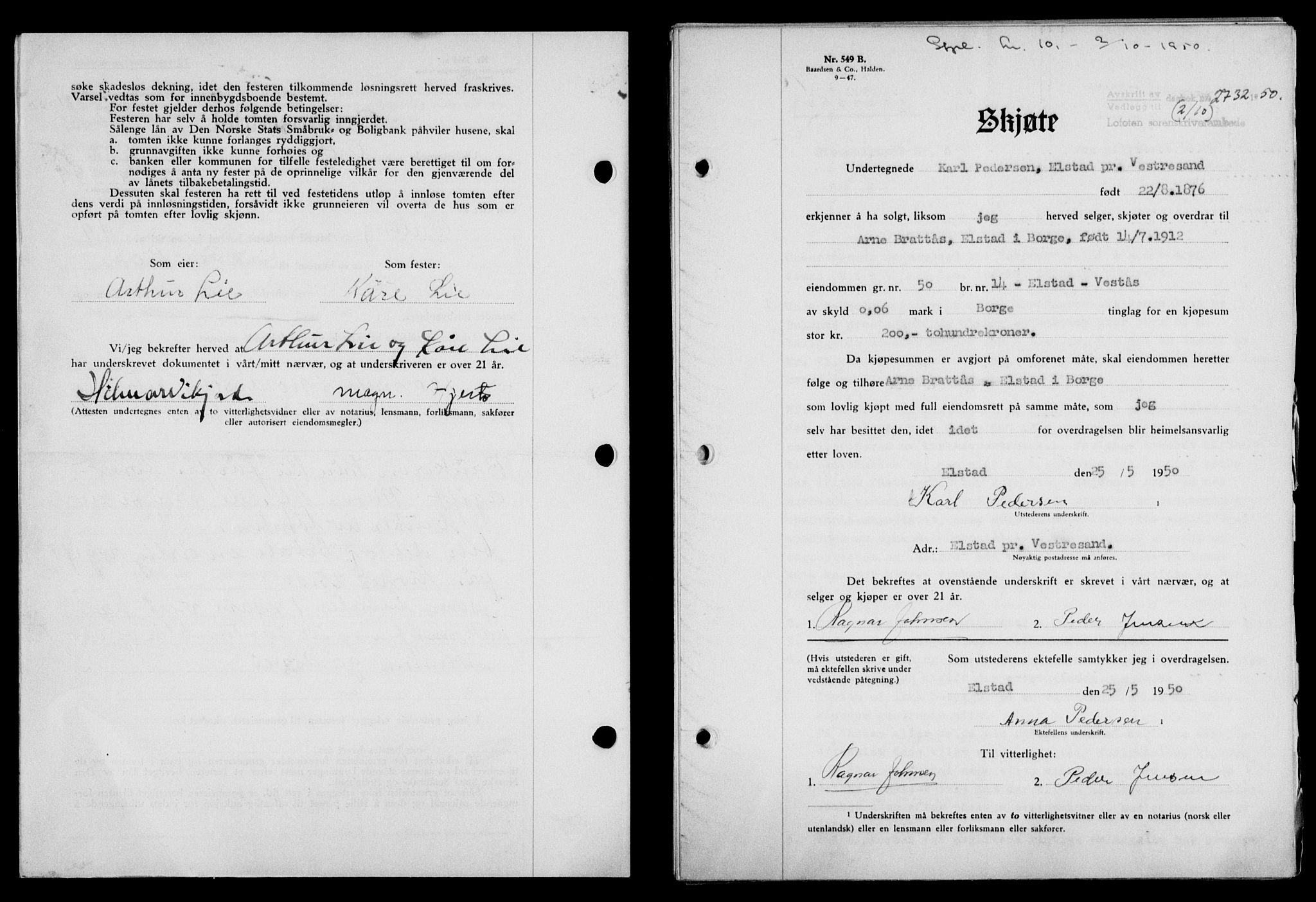 Lofoten sorenskriveri, SAT/A-0017/1/2/2C/L0024a: Mortgage book no. 24a, 1950-1950, Diary no: : 2732/1950