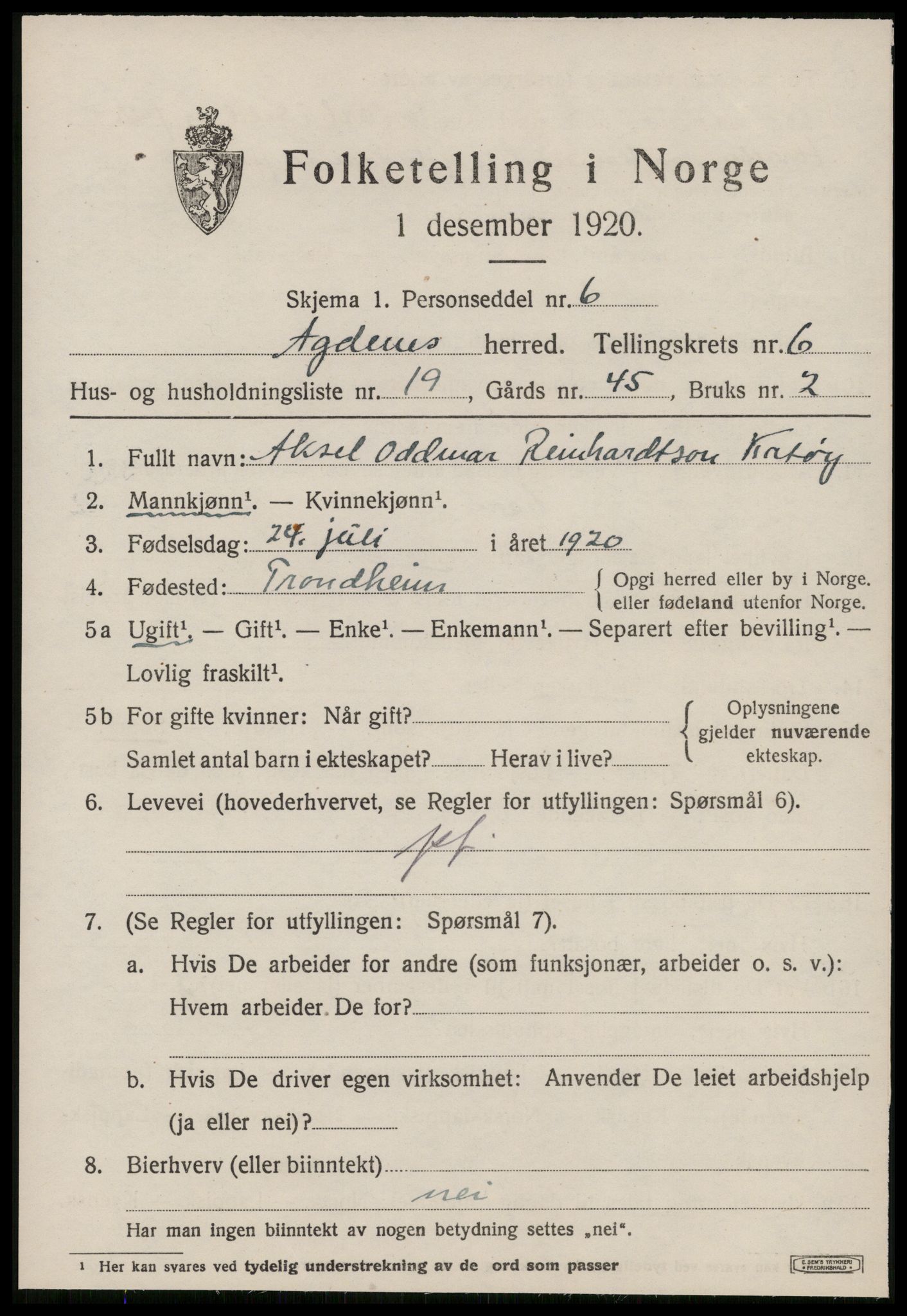 SAT, 1920 census for Agdenes, 1920, p. 2671