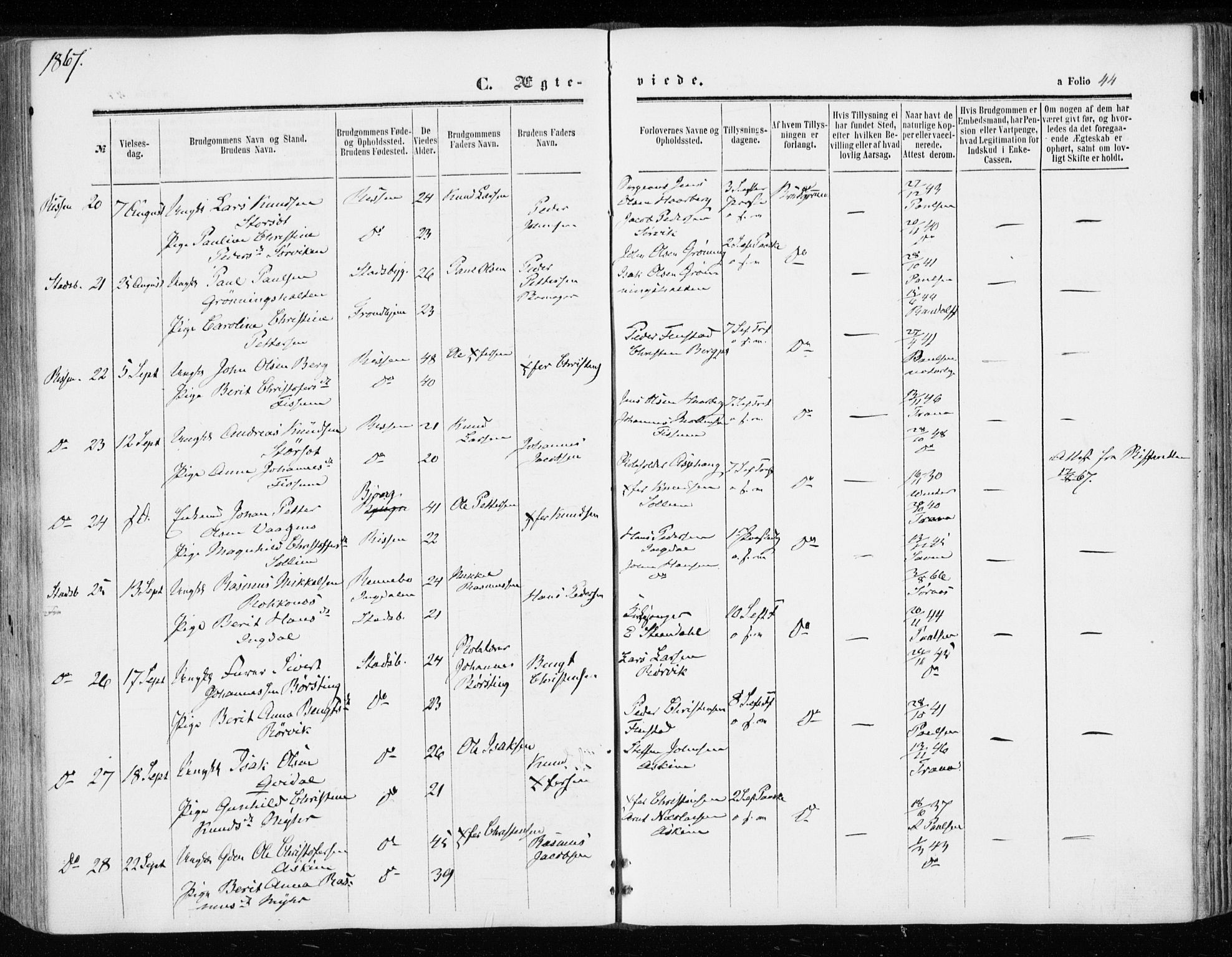 Ministerialprotokoller, klokkerbøker og fødselsregistre - Sør-Trøndelag, AV/SAT-A-1456/646/L0612: Parish register (official) no. 646A10, 1858-1869, p. 44