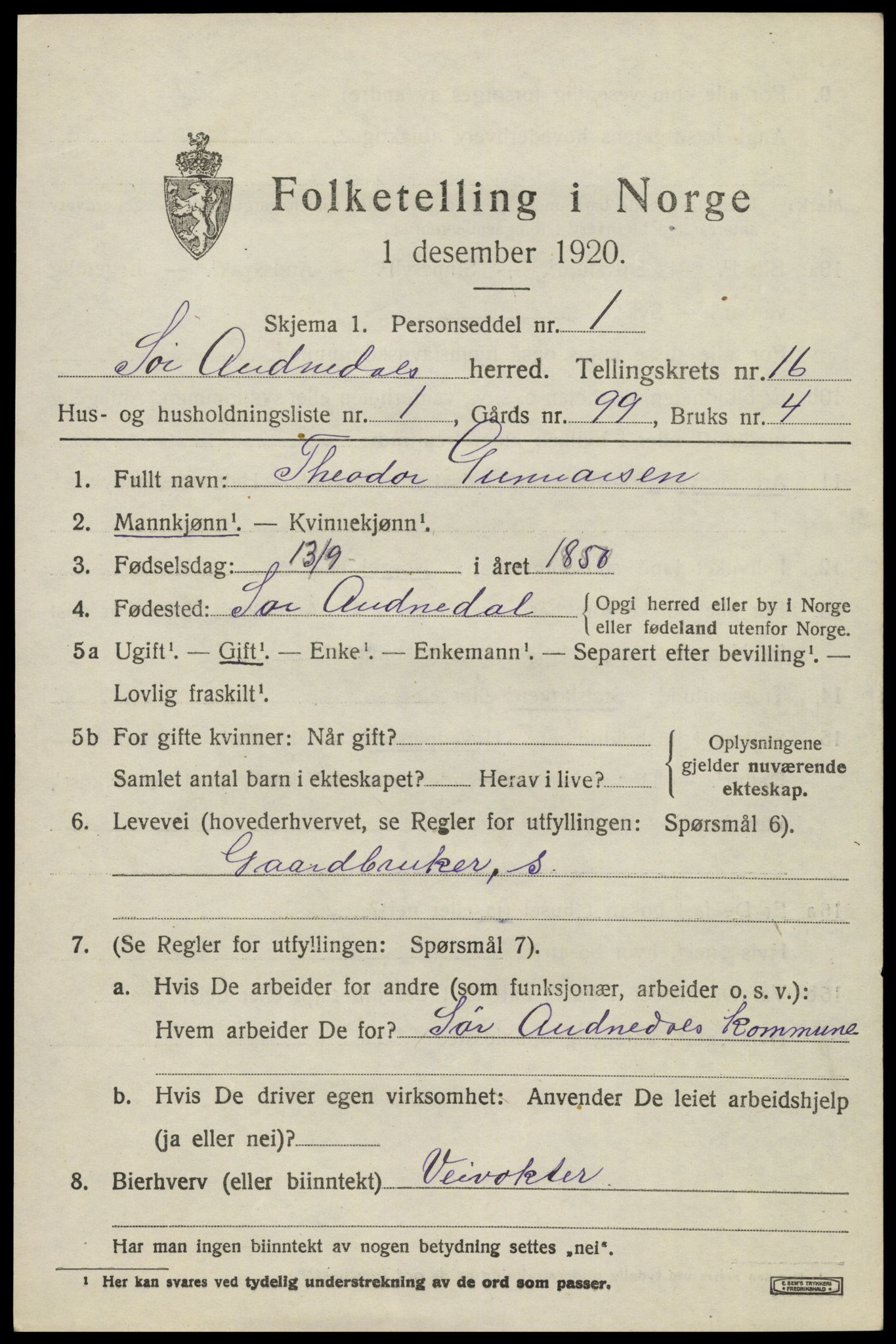 SAK, 1920 census for Sør-Audnedal, 1920, p. 5923