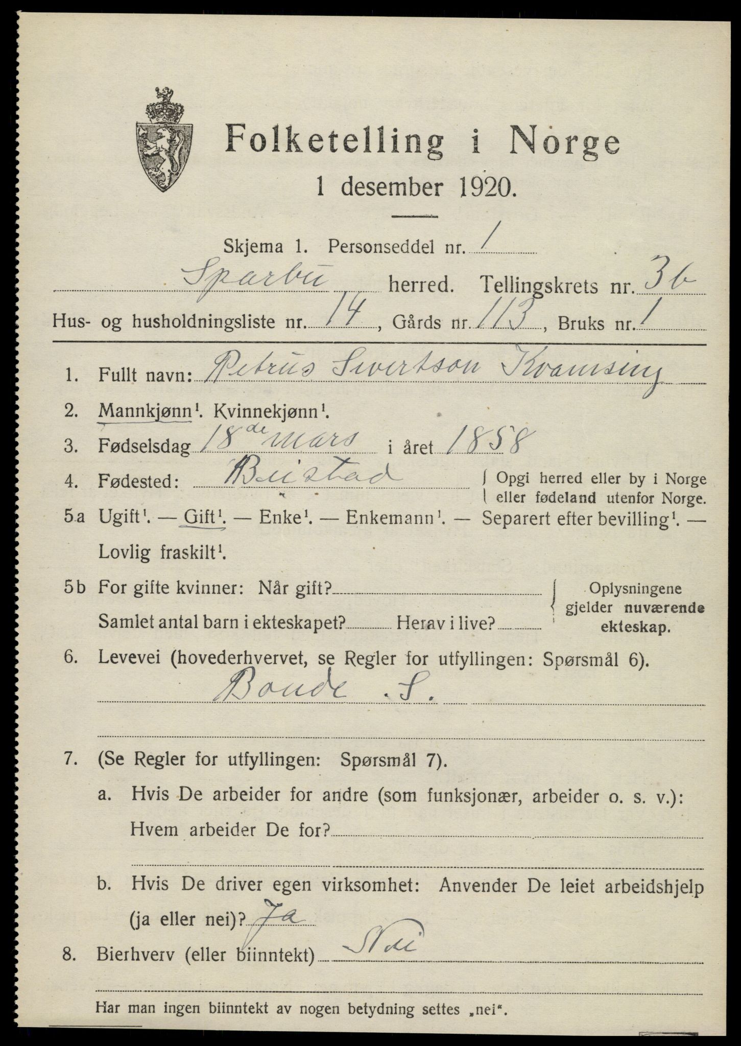 SAT, 1920 census for Sparbu, 1920, p. 4959