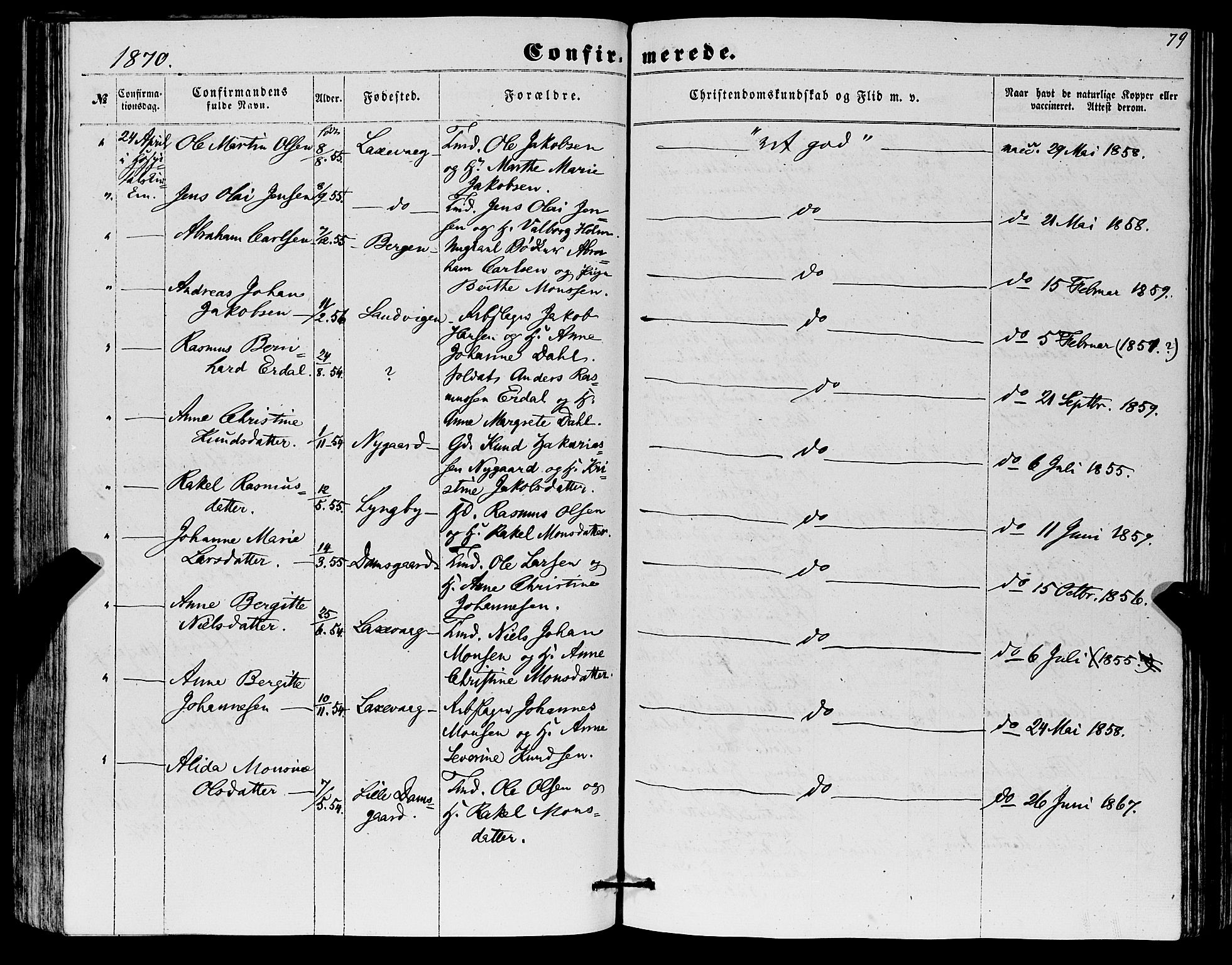 Askøy Sokneprestembete, SAB/A-74101/H/Ha/Haa/Haaa/L0012: Parish register (official) no. A 12, 1855-1877, p. 79