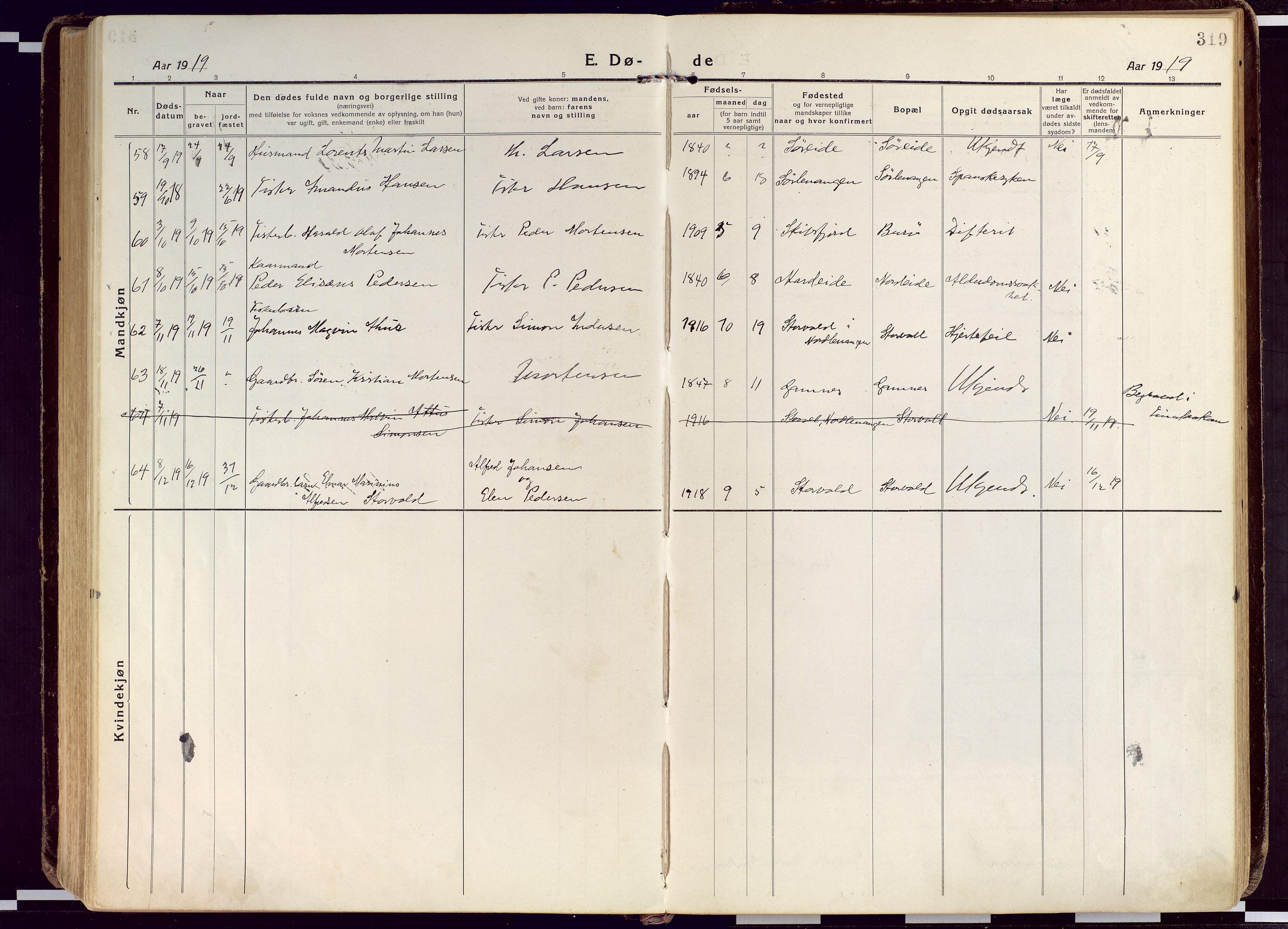 Karlsøy sokneprestembete, AV/SATØ-S-1299/H/Ha/Haa/L0015kirke: Parish register (official) no. 15, 1918-1929, p. 319