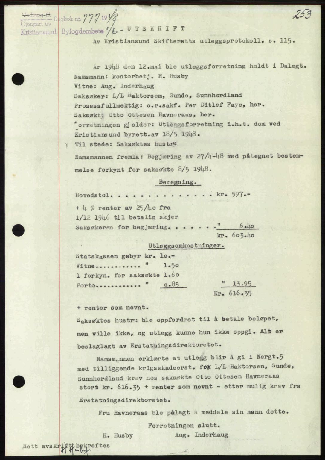 Kristiansund byfogd, AV/SAT-A-4587/A/27: Mortgage book no. 44, 1947-1948, Diary no: : 777/1948