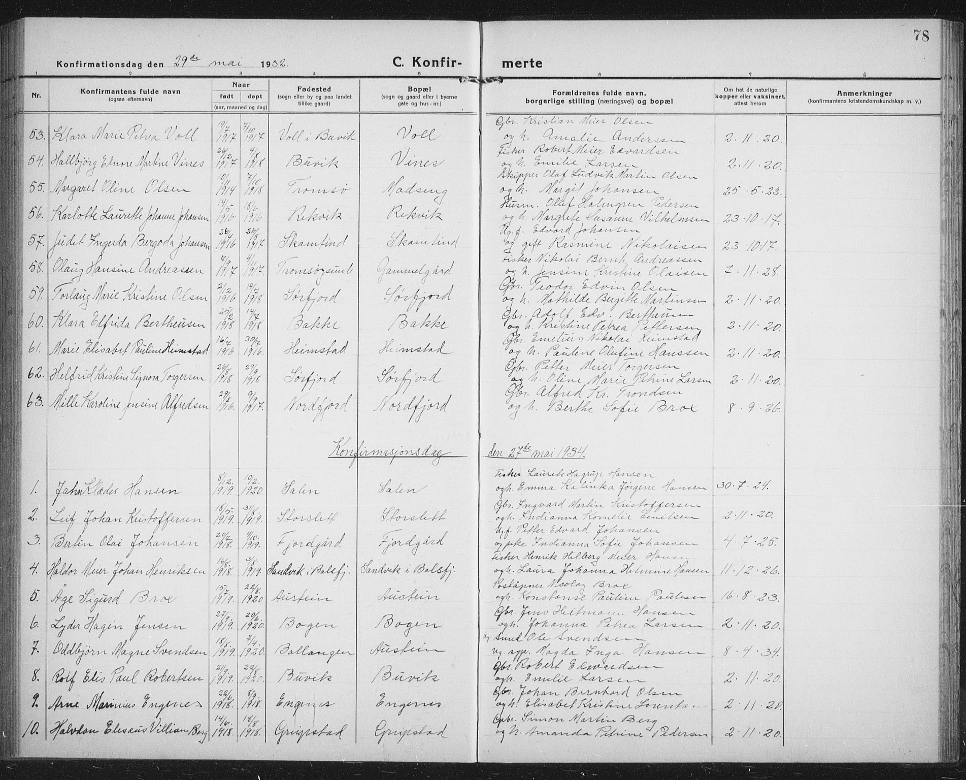 Lenvik sokneprestembete, SATØ/S-1310/H/Ha/Hab/L0023klokker: Parish register (copy) no. 23, 1918-1936, p. 78