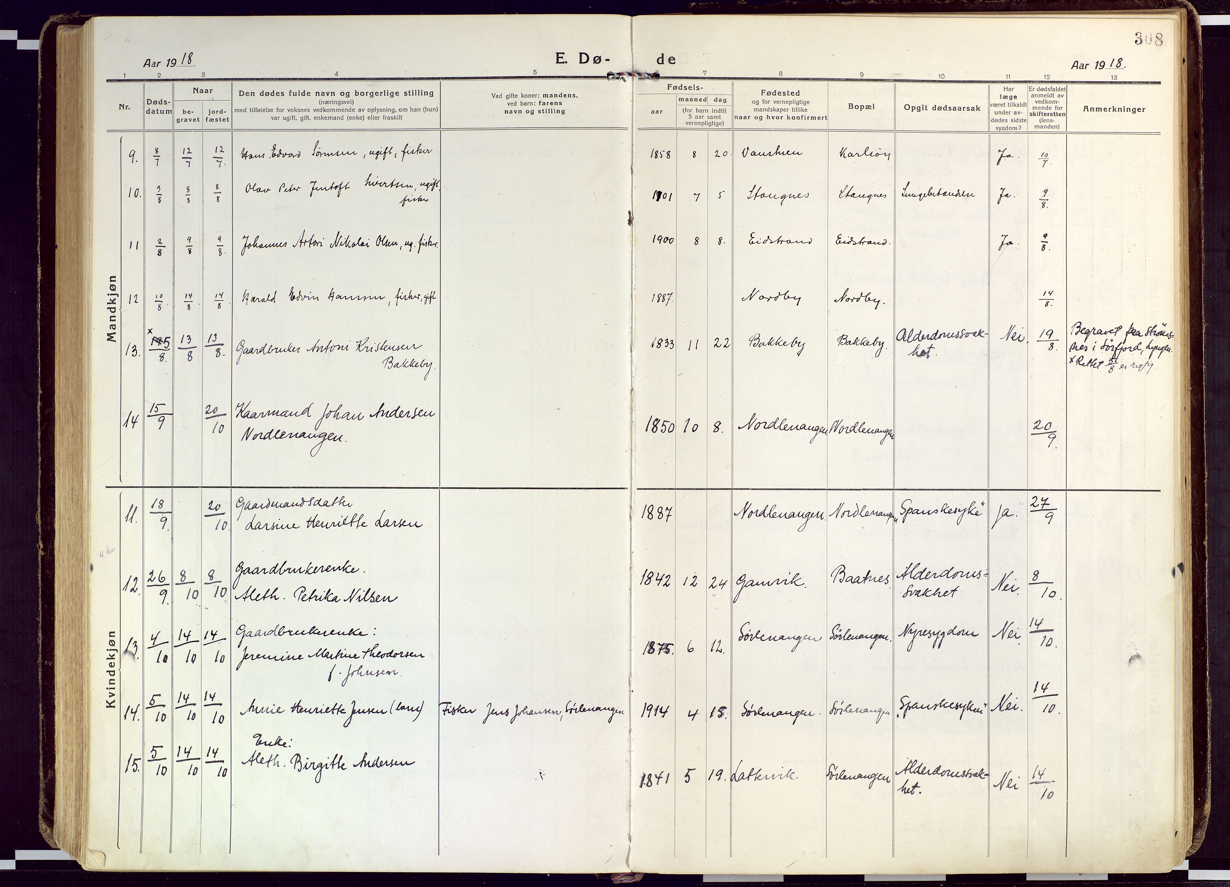 Karlsøy sokneprestembete, AV/SATØ-S-1299/H/Ha/Haa/L0015kirke: Parish register (official) no. 15, 1918-1929, p. 308