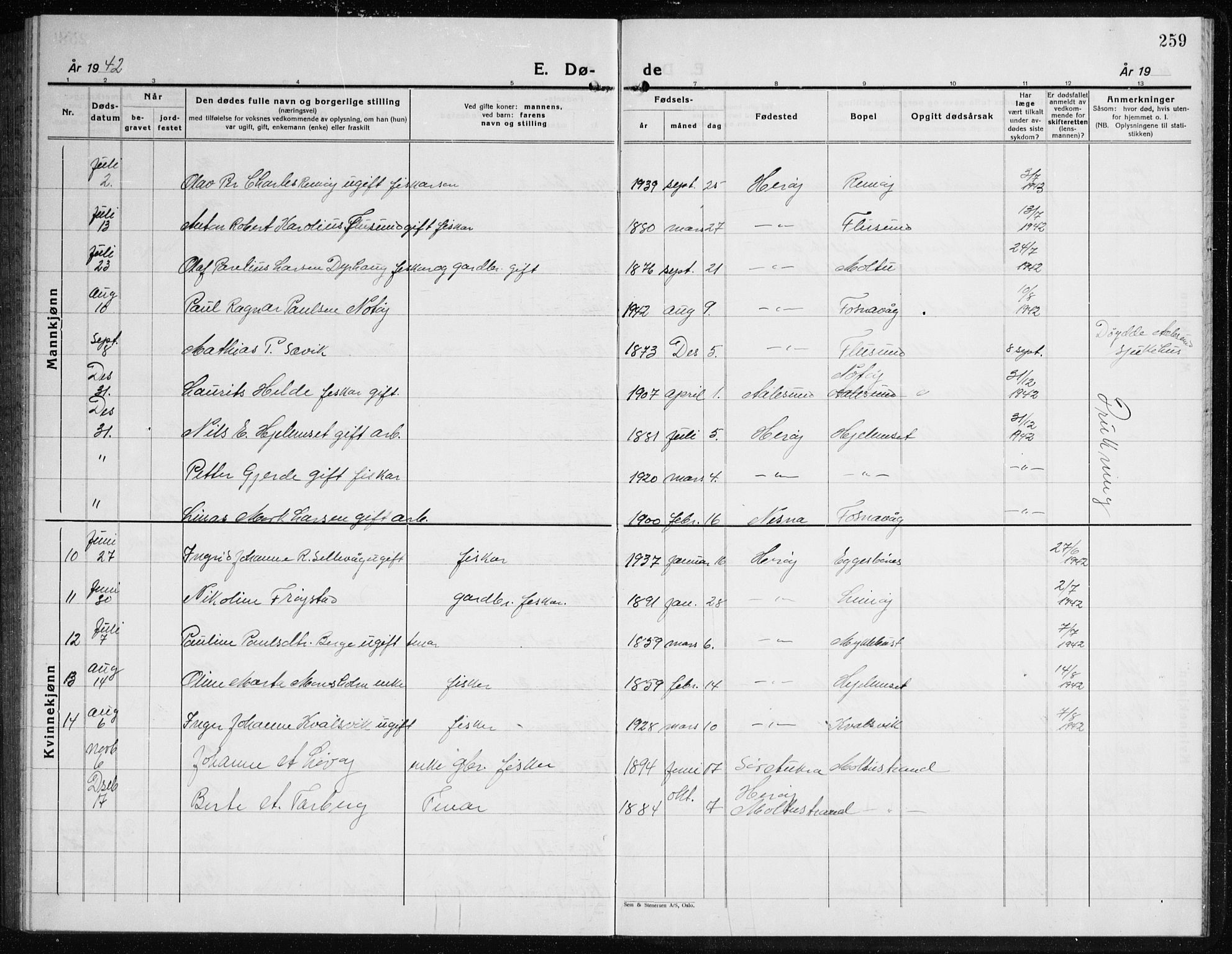 Ministerialprotokoller, klokkerbøker og fødselsregistre - Møre og Romsdal, AV/SAT-A-1454/507/L0085: Parish register (copy) no. 507C08, 1933-1944, p. 259