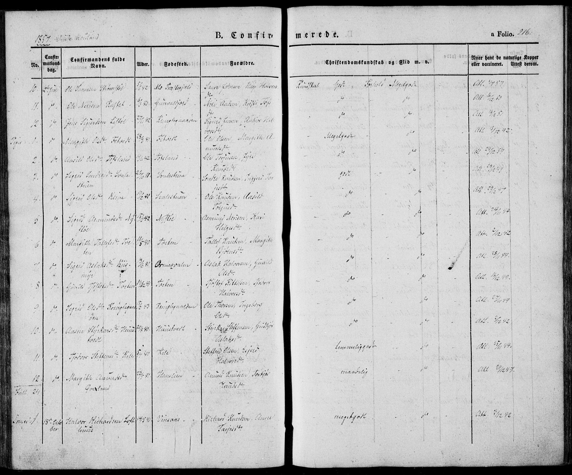 Vinje kirkebøker, SAKO/A-312/F/Fa/L0004: Parish register (official) no. I 4, 1843-1869, p. 216