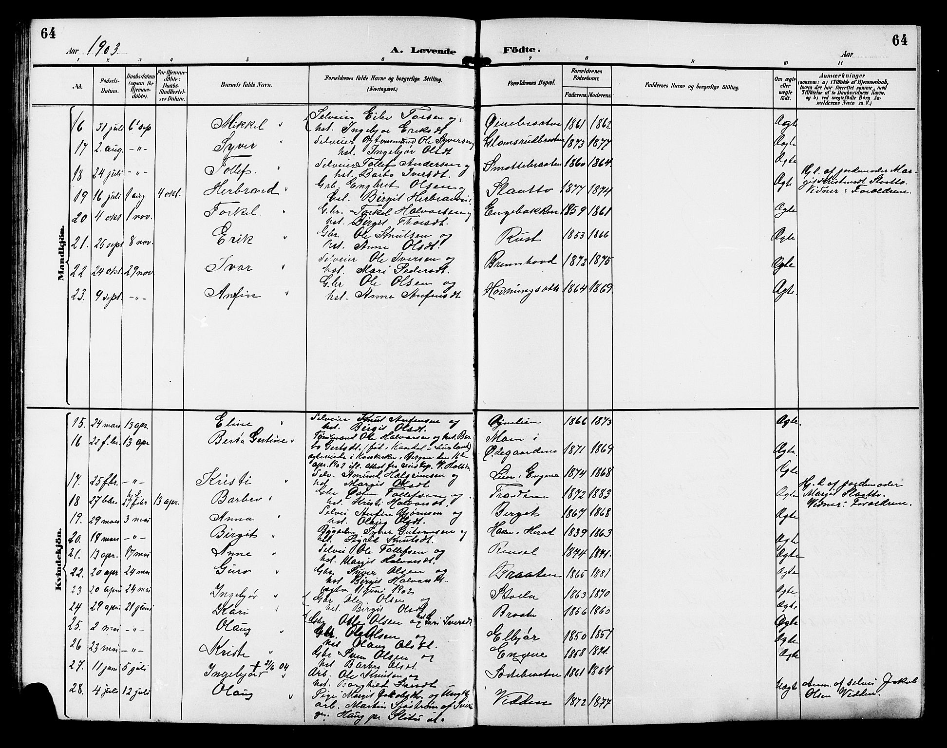 Gol kirkebøker, SAKO/A-226/G/Ga/L0003: Parish register (copy) no. I 3, 1887-1914, p. 64