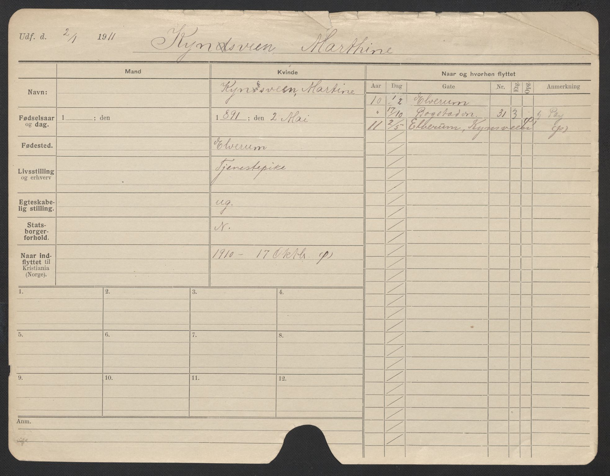 Oslo folkeregister, Registerkort, AV/SAO-A-11715/F/Fa/Fac/L0019: Kvinner, 1906-1914, p. 693a