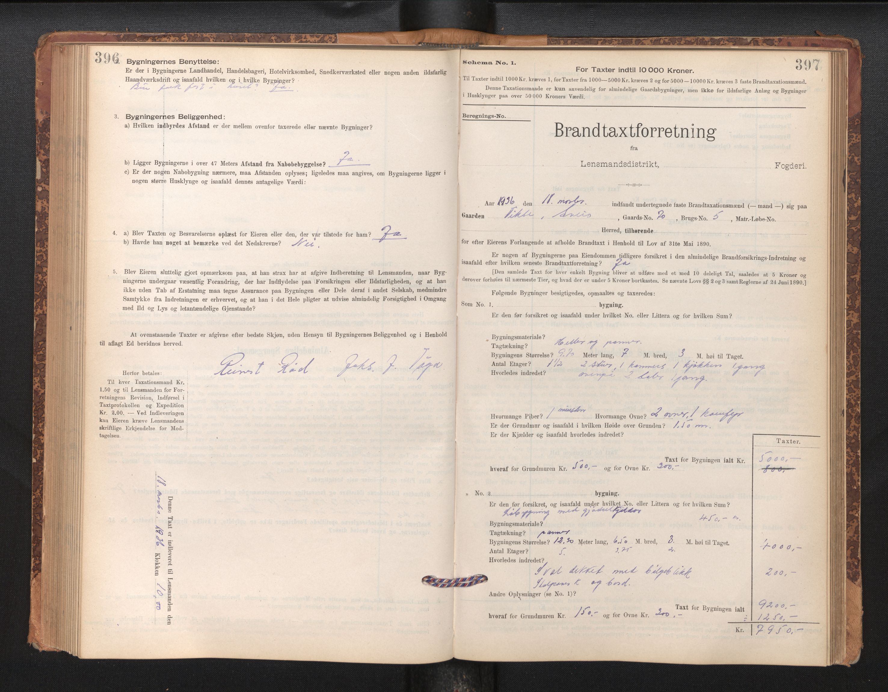 Lensmannen i Sveio, SAB/A-35301/0012/L0008: Branntakstprotokoll, skjematakst, 1912-1939, p. 396-397