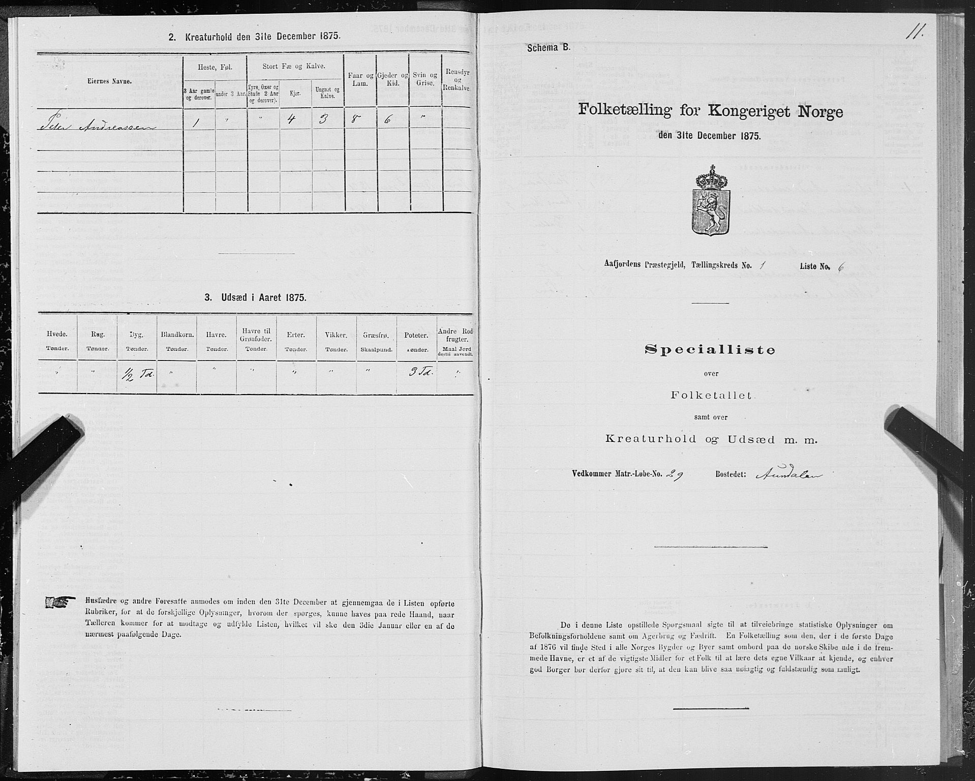 SAT, 1875 census for 1630P Aafjorden, 1875, p. 1011