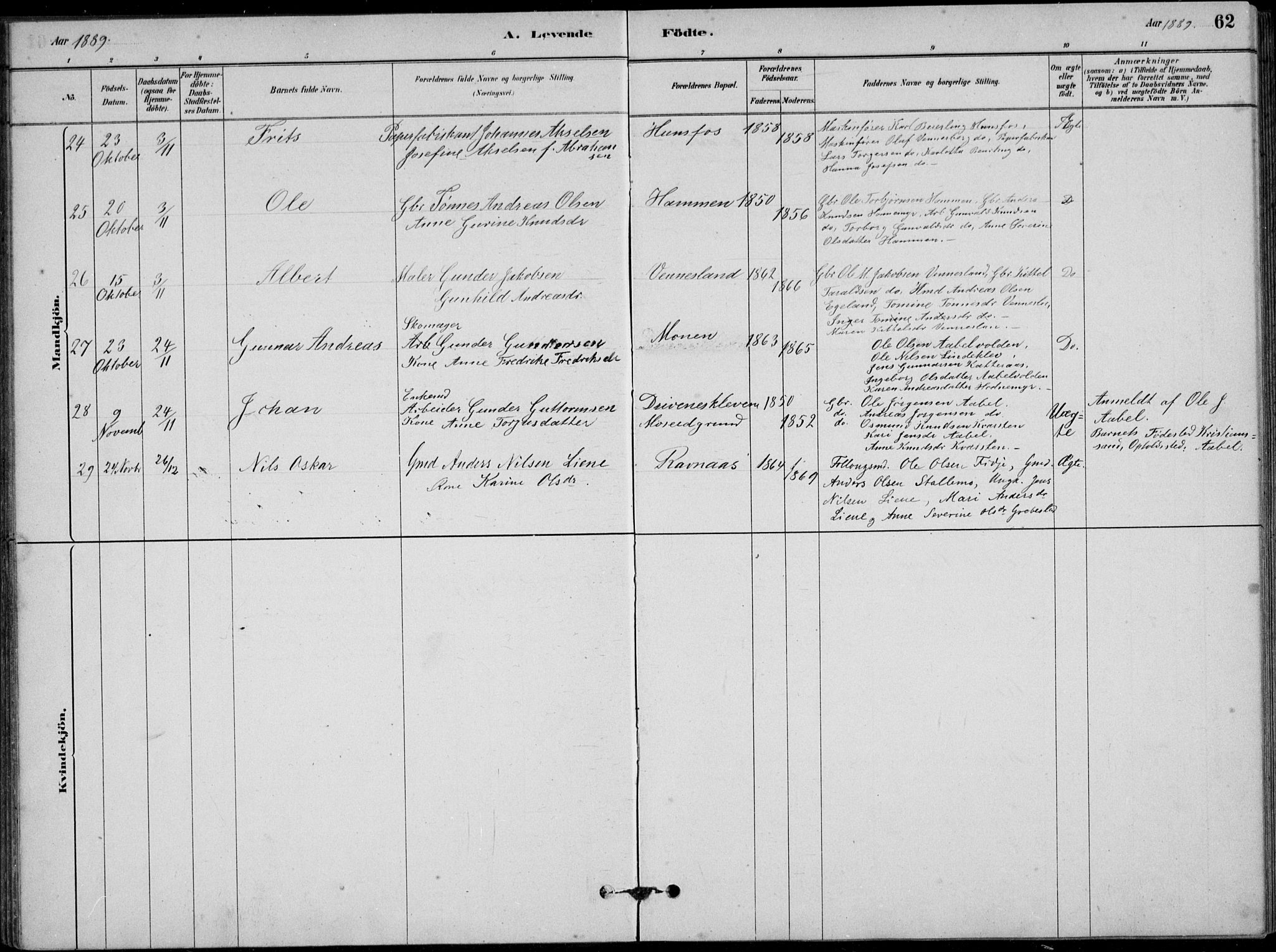 Vennesla sokneprestkontor, AV/SAK-1111-0045/Fb/Fbb/L0003: Parish register (copy) no. B 3, 1879-1893, p. 62