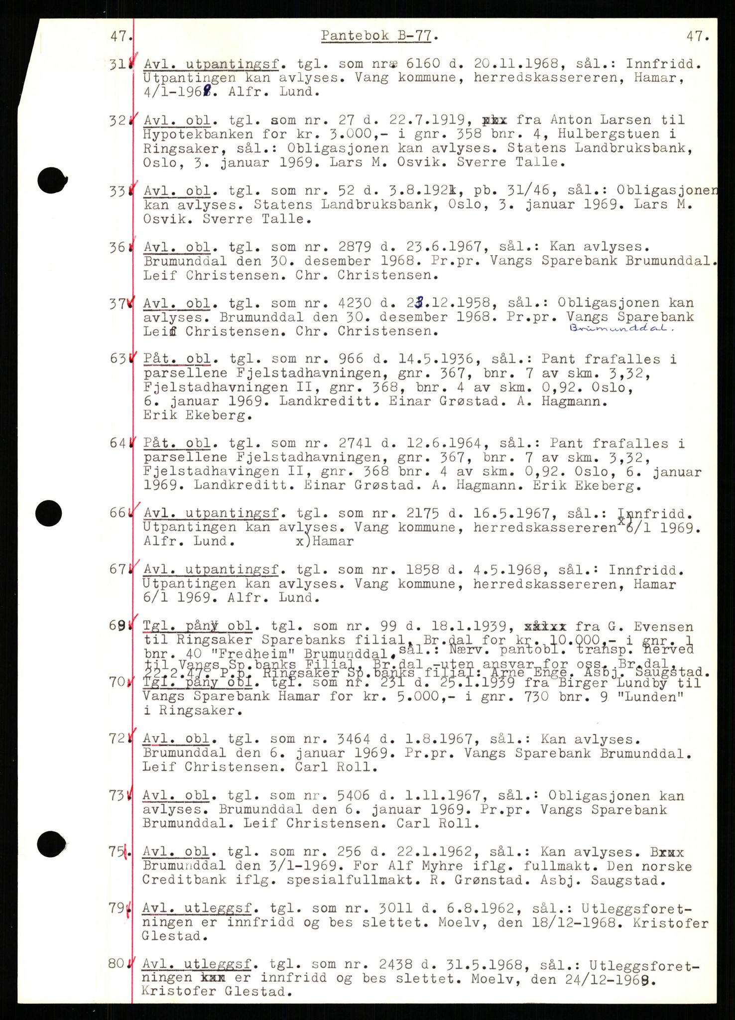 Nord-Hedmark sorenskriveri, SAH/TING-012/H/Hb/Hbf/L0077: Mortgage book no. B77, 1968-1969, Diary no: : 31/1969