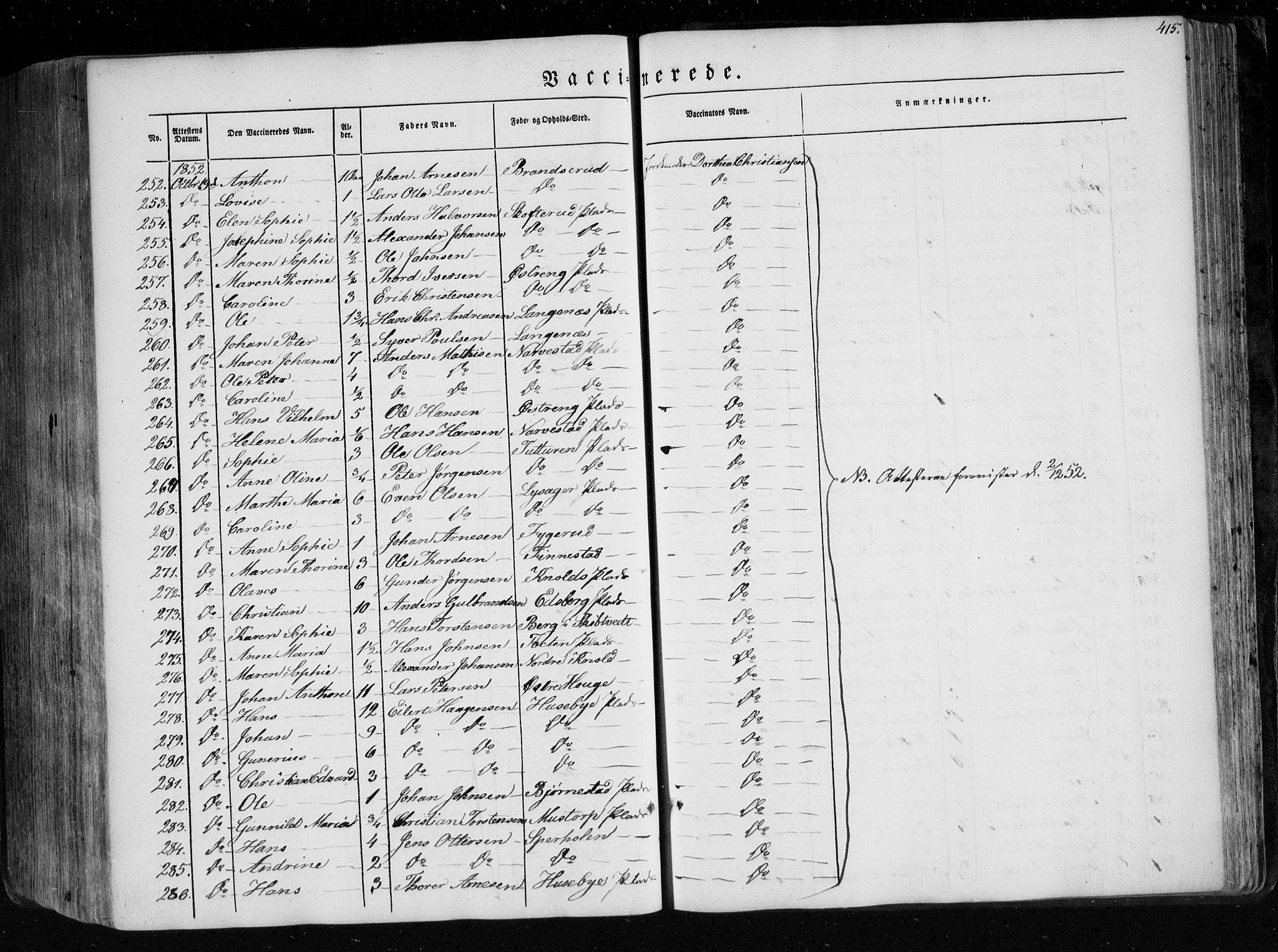 Eidsberg prestekontor Kirkebøker, SAO/A-10905/F/Fa/L0009: Parish register (official) no. I 9, 1849-1856, p. 415