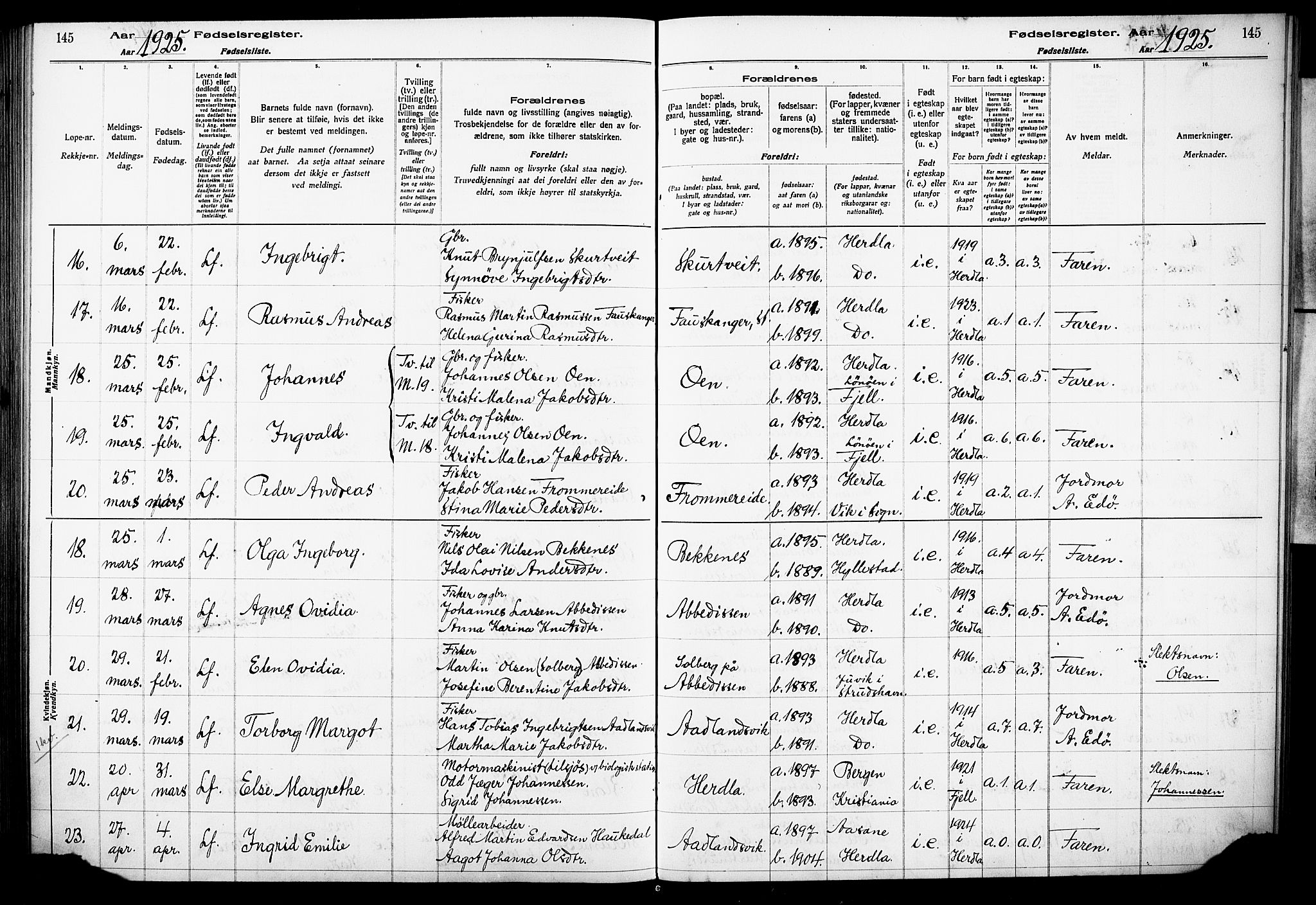 Herdla Sokneprestembete, AV/SAB-A-75701/I/Id/L00A1: Birth register no. A 1, 1916-1929, p. 145