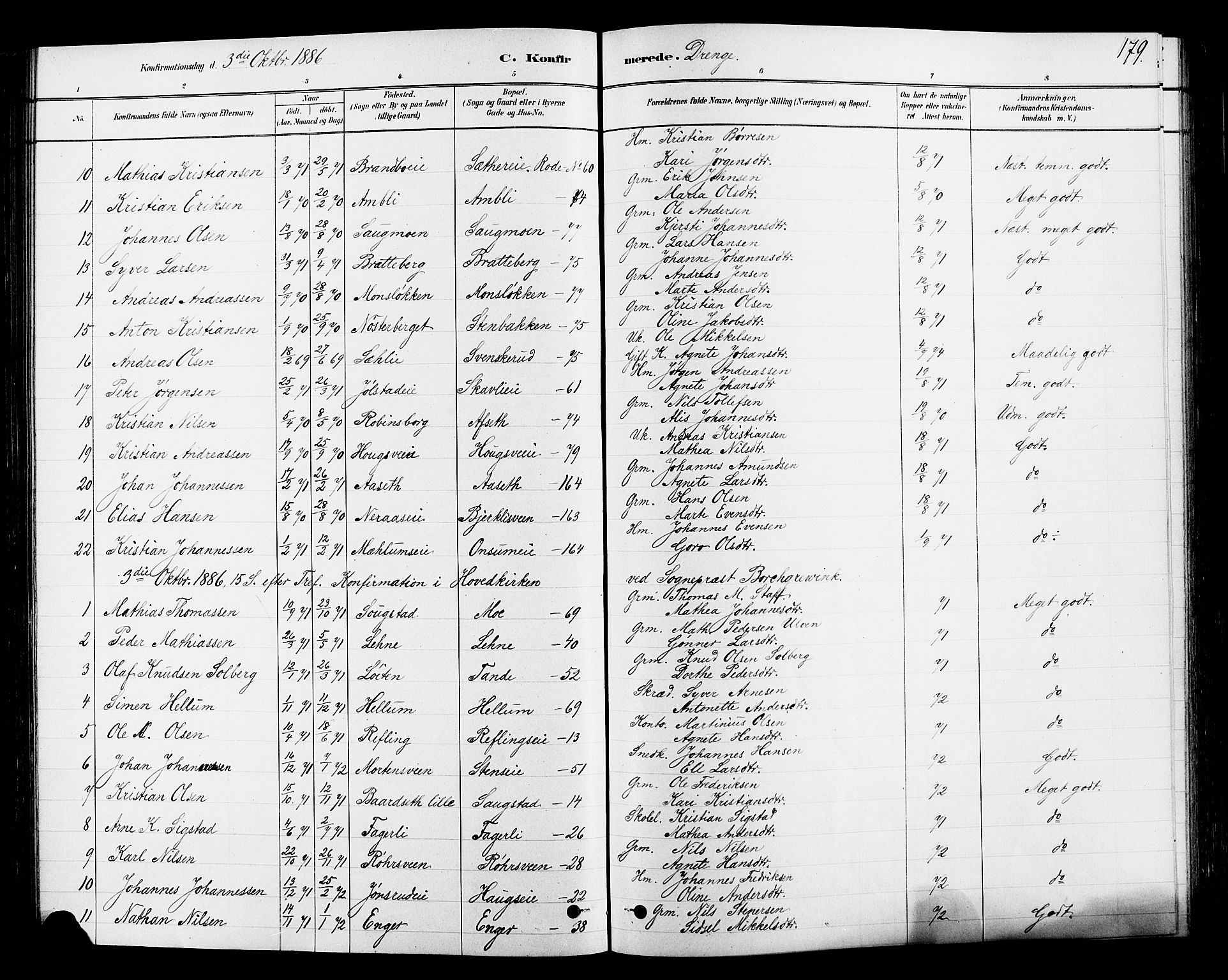 Ringsaker prestekontor, SAH/PREST-014/L/La/L0009: Parish register (copy) no. 9, 1879-1890, p. 179