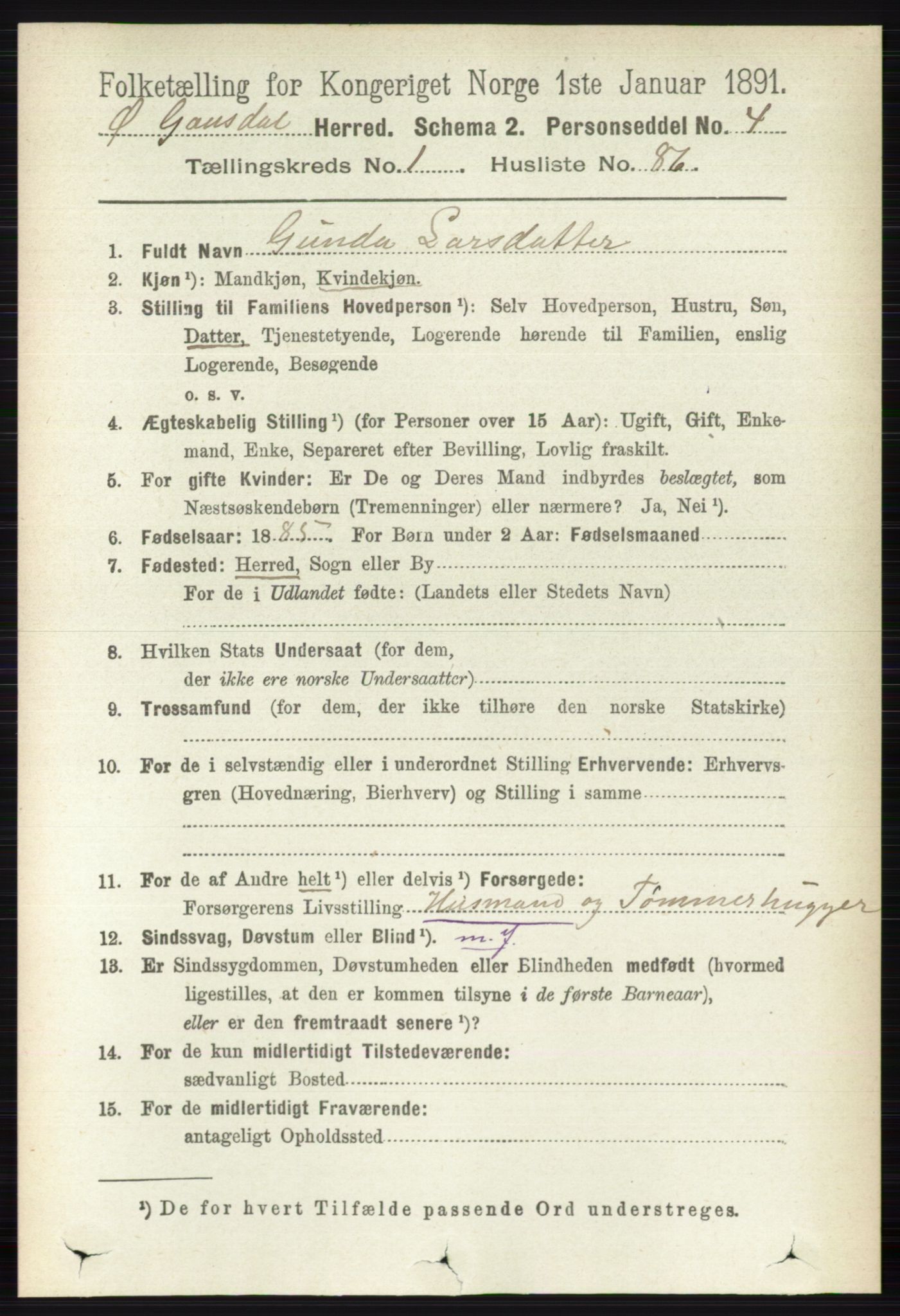 RA, 1891 census for 0522 Østre Gausdal, 1891, p. 725