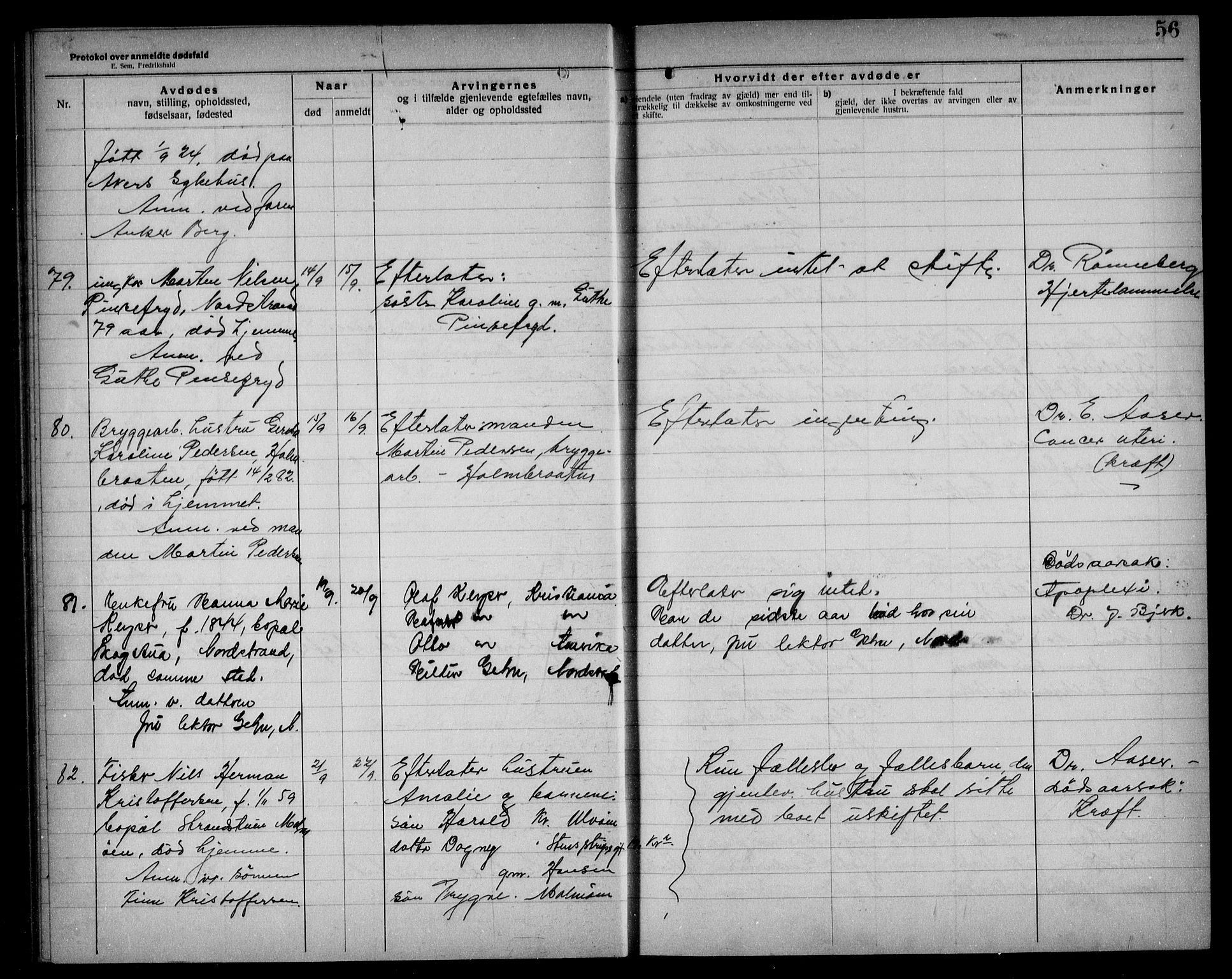 Aker kriminaldommer, skifte- og auksjonsforvalterembete, AV/SAO-A-10452/H/Hb/Hba/Hbad/L0001: Dødsfallsprotokoll for Nordstrand, 1922-1929, p. 56