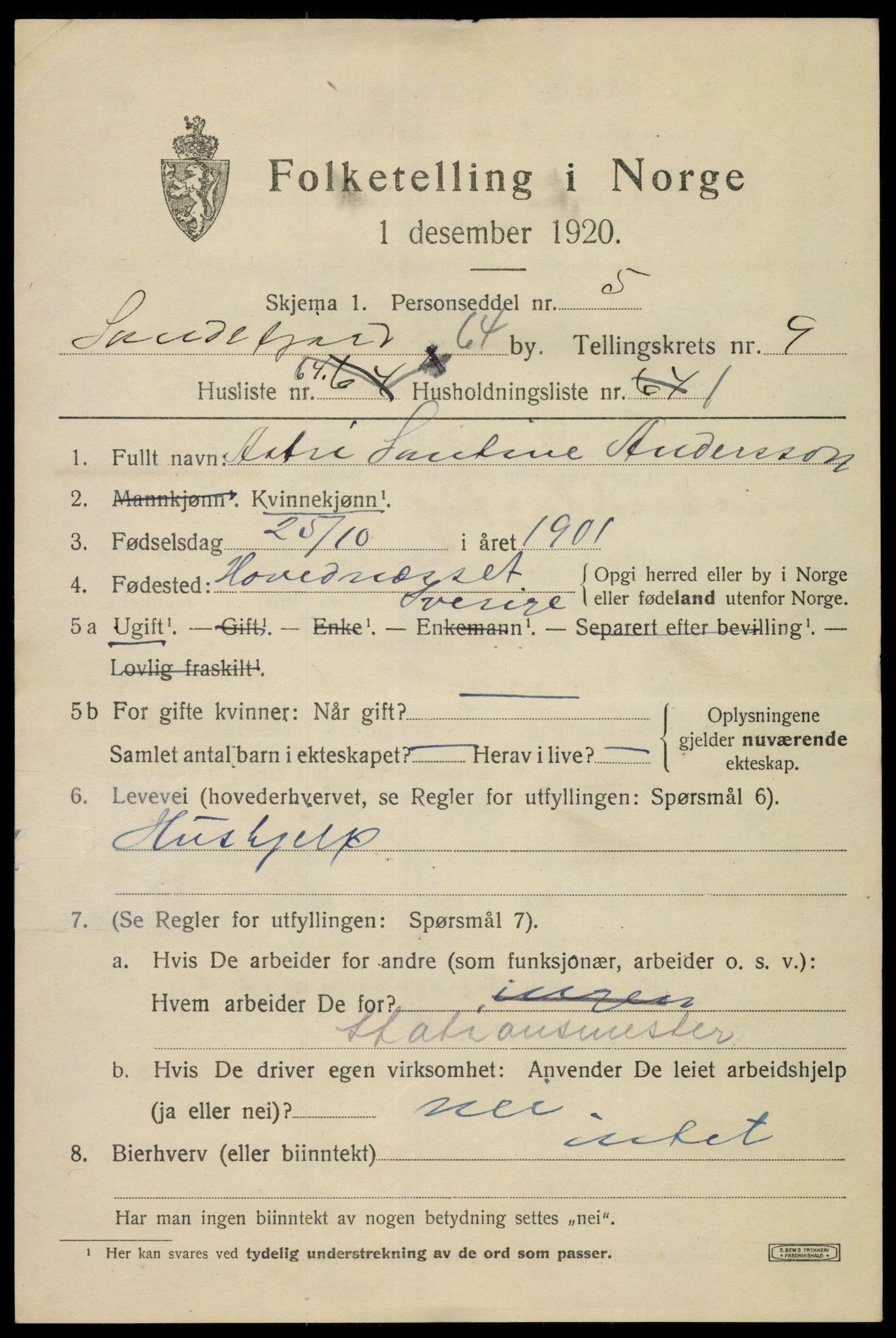 SAKO, 1920 census for Sandefjord, 1920, p. 14052