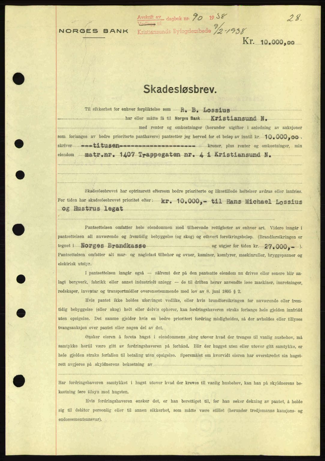Kristiansund byfogd, SAT/A-4587/A/27: Mortgage book no. 31, 1938-1939, Diary no: : 90/1938